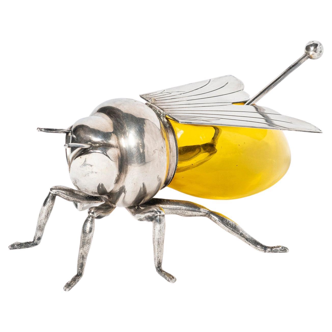 Silver Plated and Glass Honey Pot Bee by Mappin & Webb, England, circa 1900