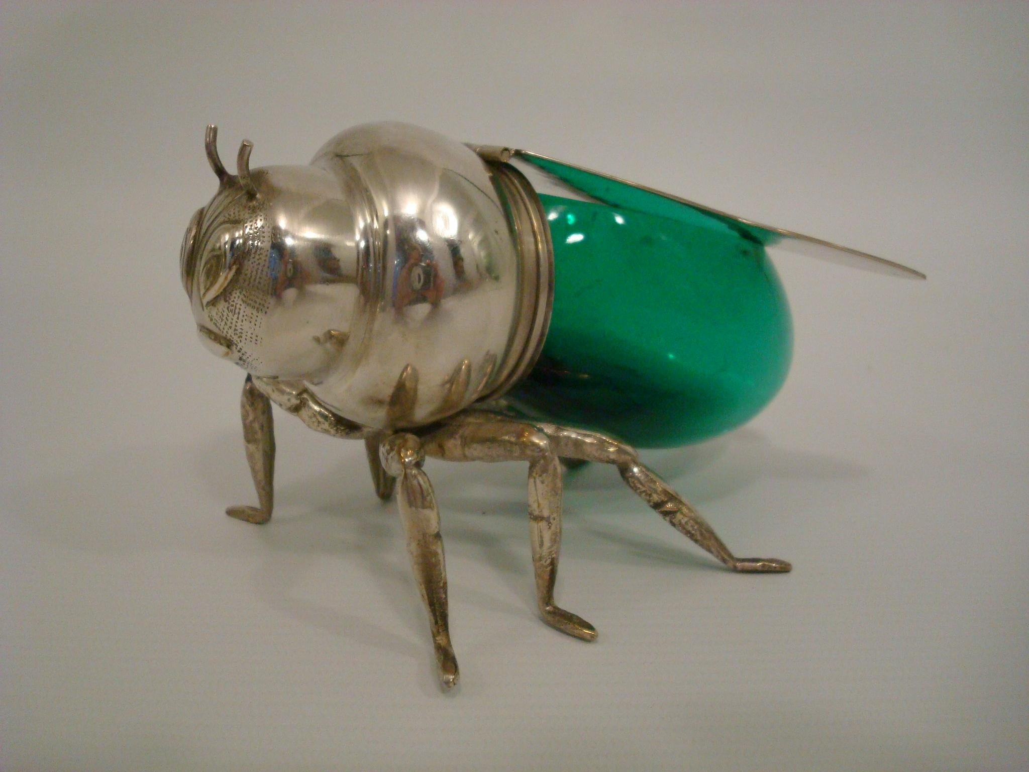 Silver plated and green glass honey pot bee. England, early 20th century.