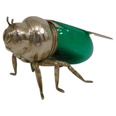 Antique Silver Plated and Green Glass Honey Pot Bee, England, circa 1900