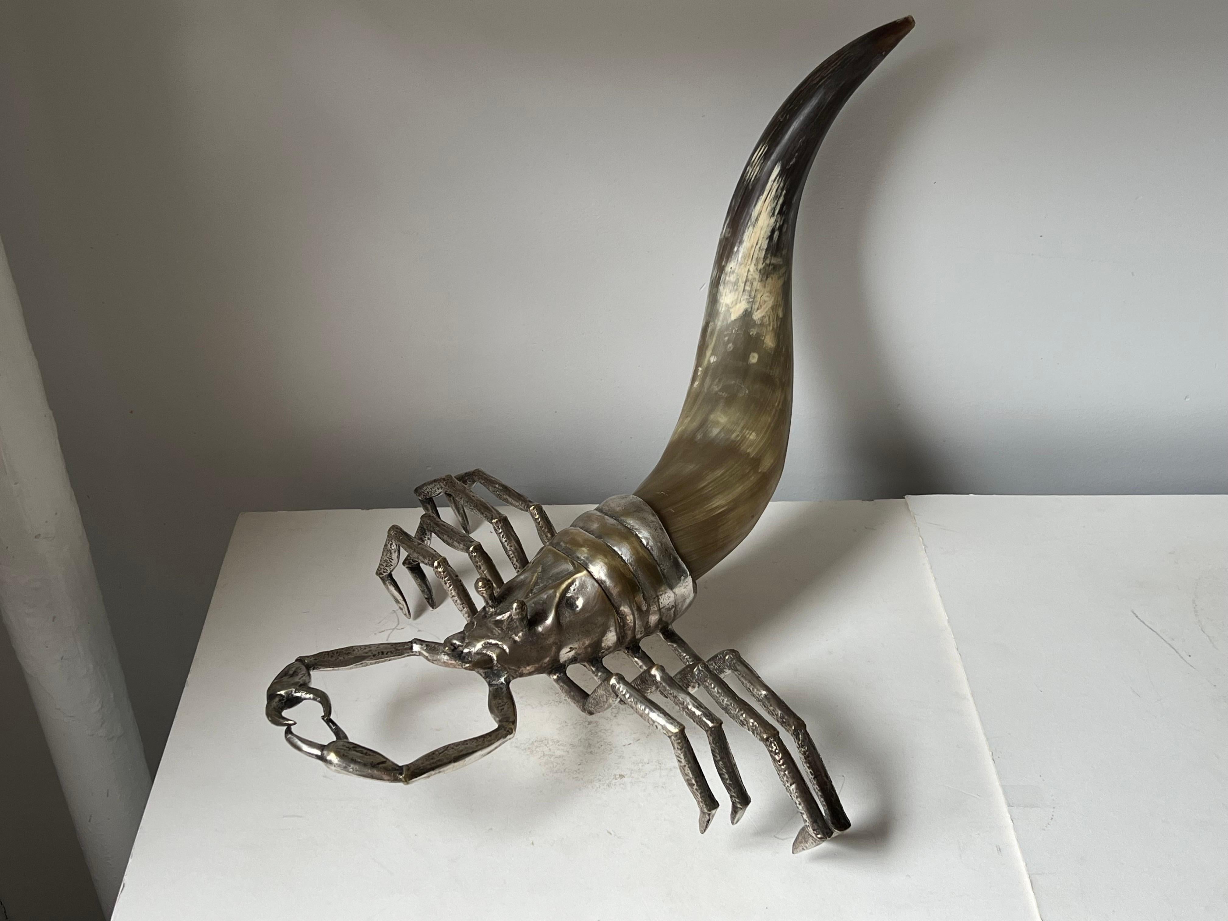 Metal Silver Plated and Horn Scorpion Sculpture