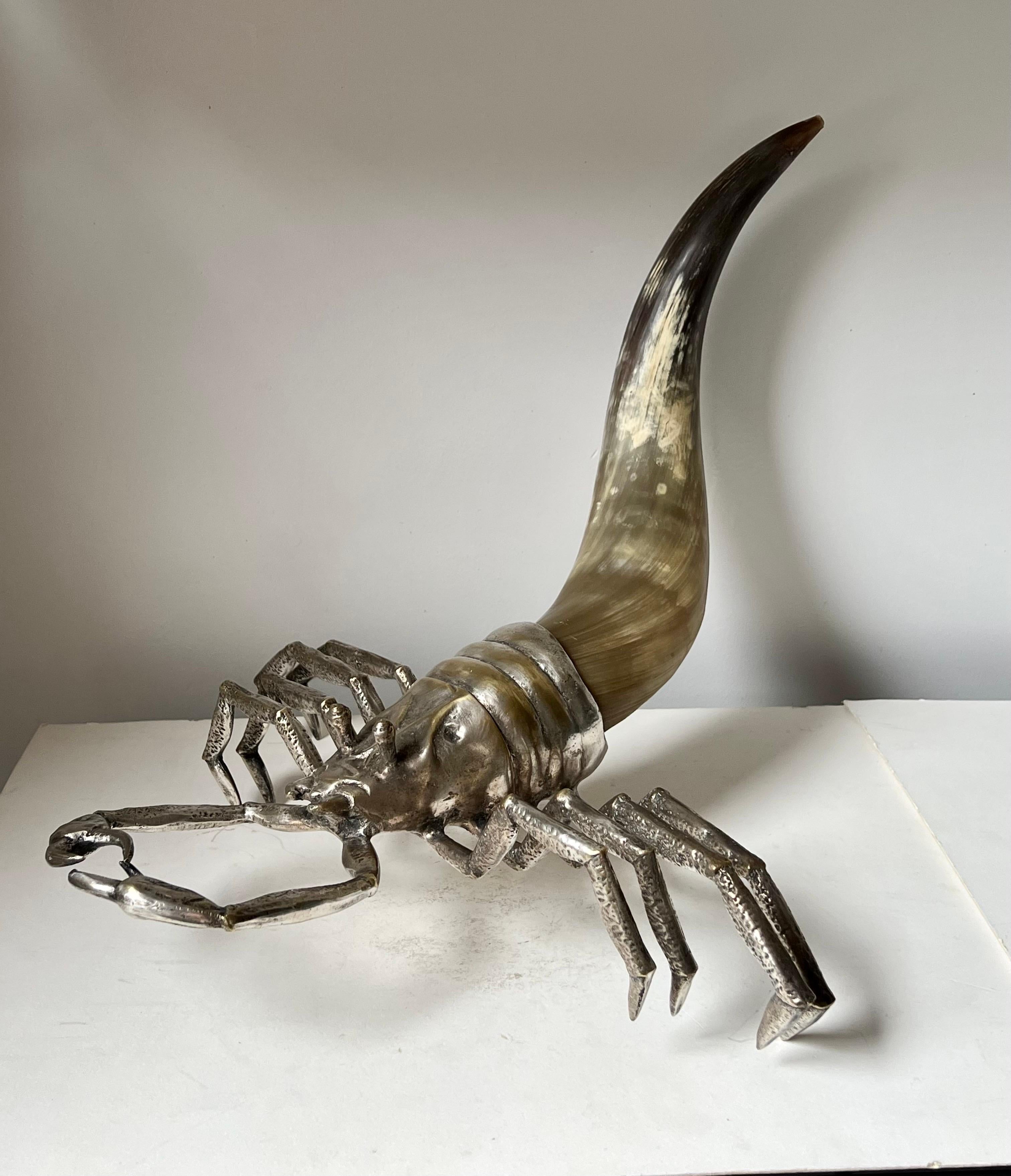 Silver plated and horn Scorpion sculpture circa 1970’s. No markings. Very little wear. Silver plating over brass.