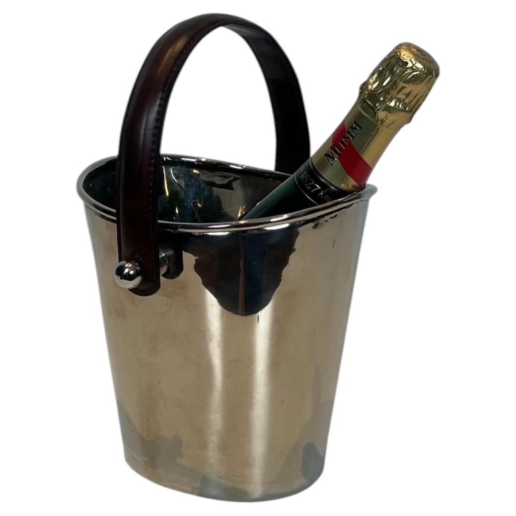 Silver Plated and Leather Champagne Bucket, circa 1970 For Sale