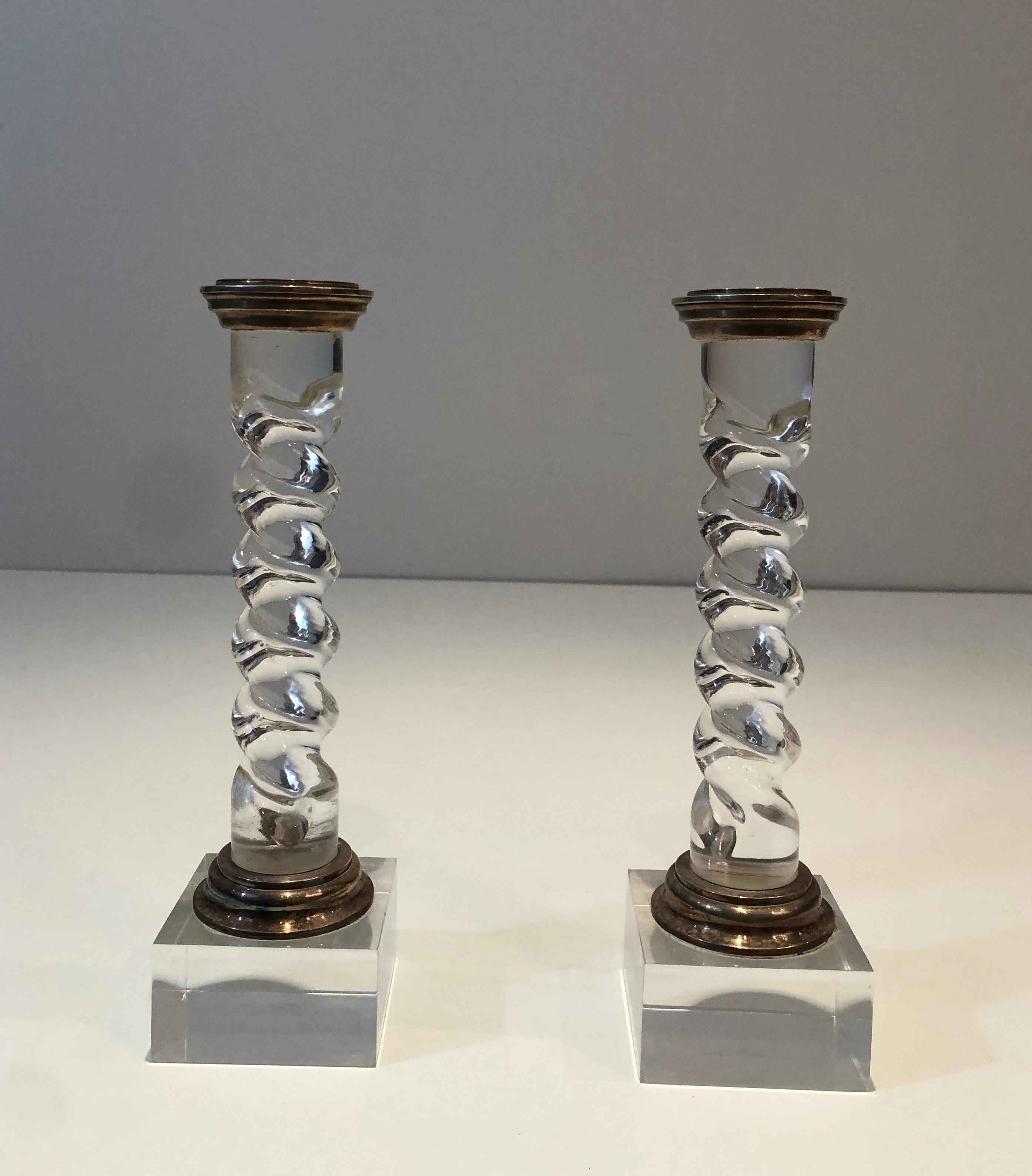 Silver Plated and Lucite Twisted Candlesticks, French, Circa 1970 7