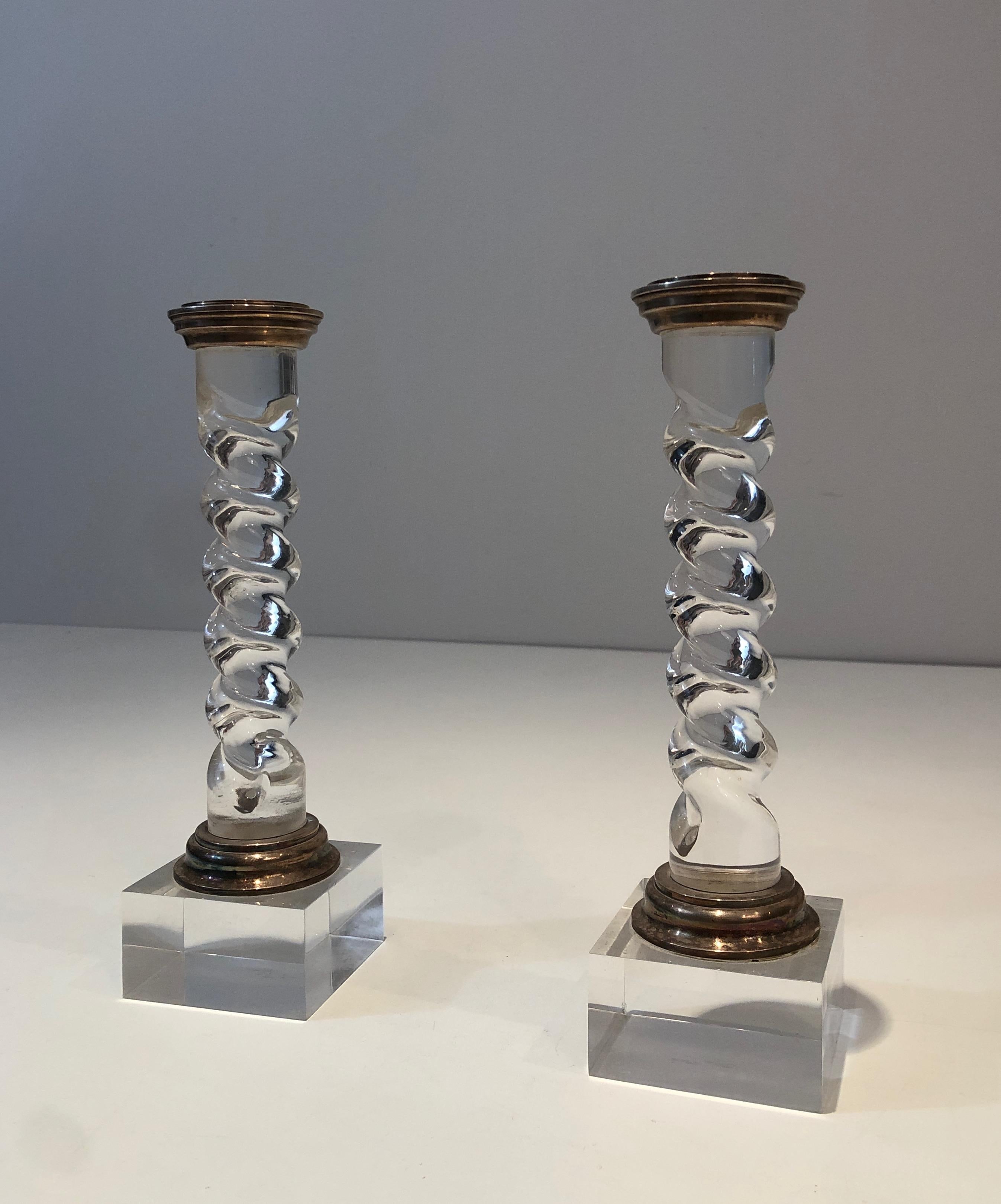 Silver Plated and Lucite Twisted Candlesticks, French, Circa 1970 8