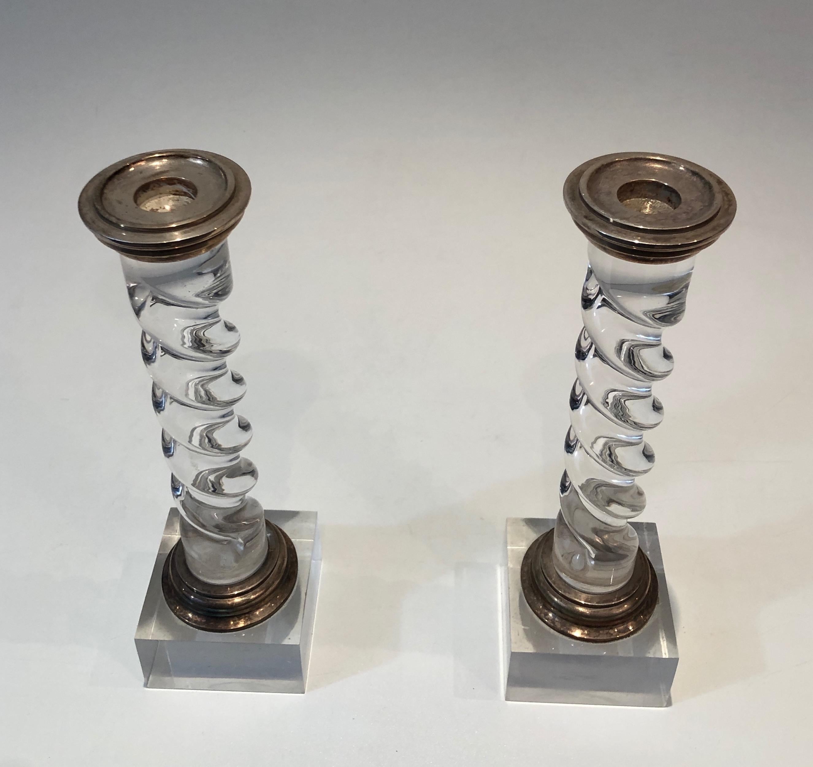 Mid-Century Modern Silver Plated and Lucite Twisted Candlesticks, French, Circa 1970