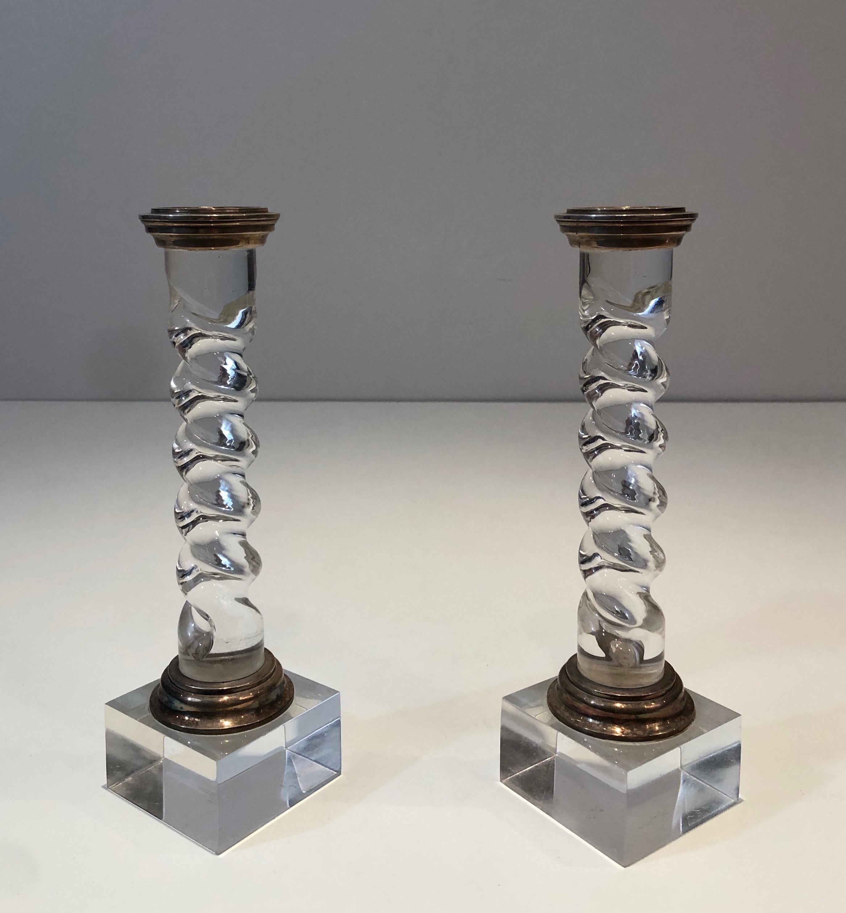 Silver Plated and Lucite Twisted Candlesticks, French, Circa 1970 3
