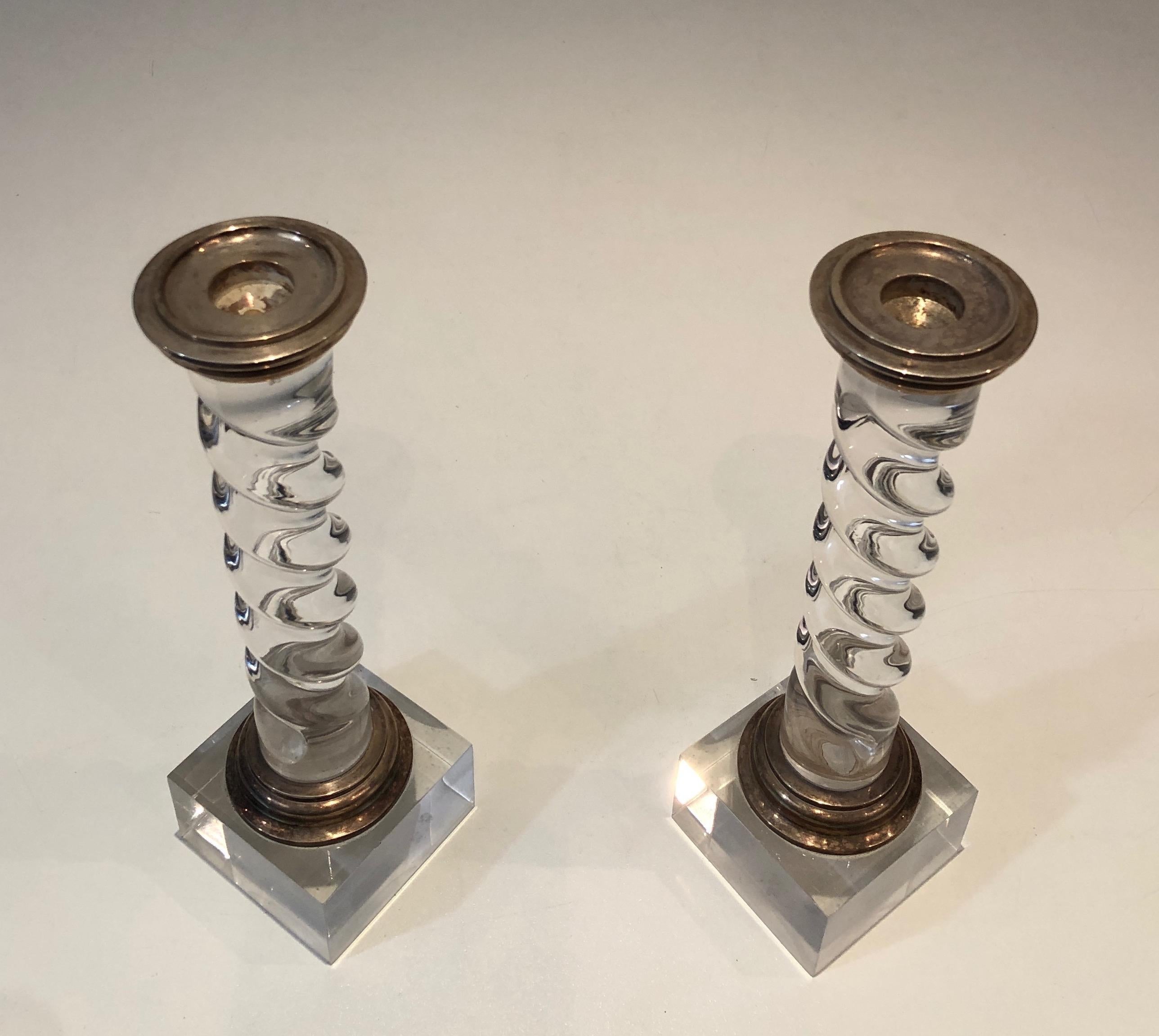 Silver Plated and Lucite Twisted Candlesticks, French, Circa 1970 4