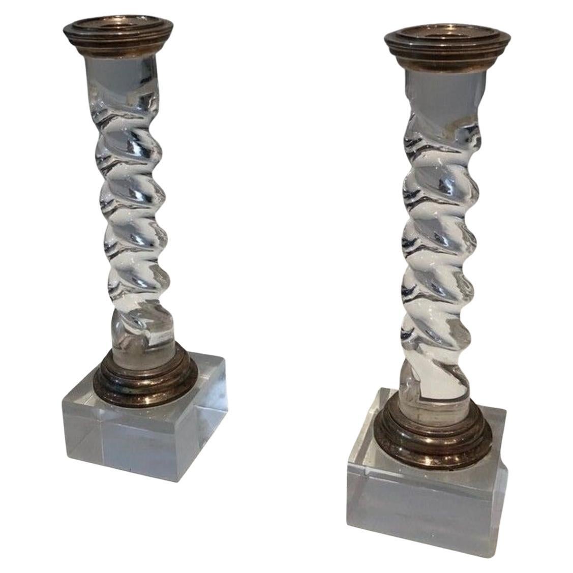 Silver Plated and Lucite Twisted Candlesticks, French, Circa 1970 For Sale