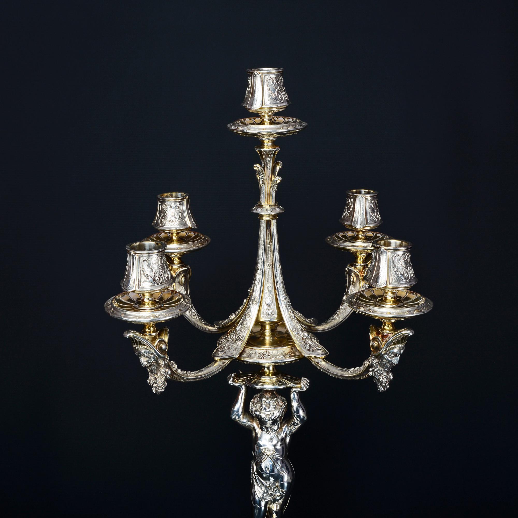 Silver-Plated and Parcel-Gilt Candelabra and Comport Suite In Good Condition In London, GB