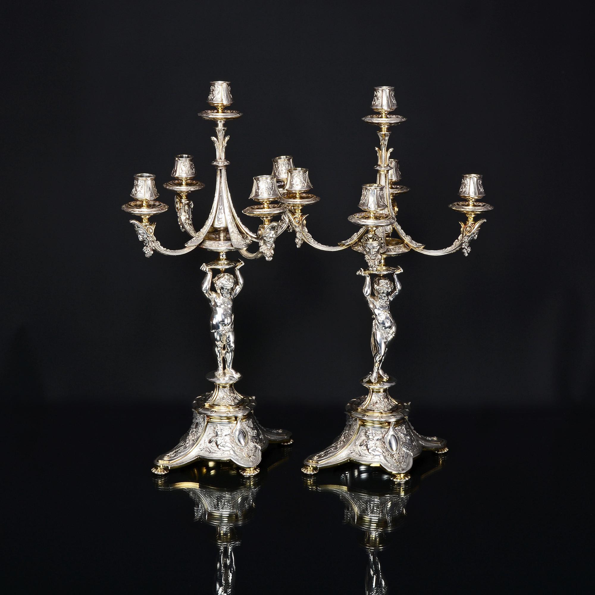 Silver Plate Silver-Plated and Parcel-Gilt Candelabra and Comport Suite