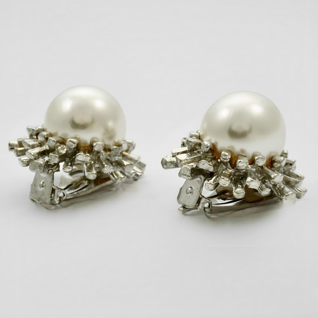 Women's or Men's Silver Plated and White Faux Pearl Clip On Earrings circa 1980s For Sale