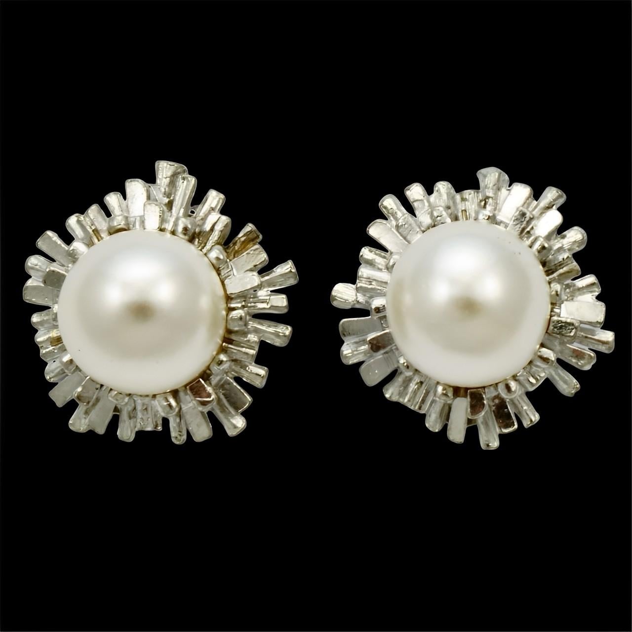 Silver Plated and White Faux Pearl Clip On Earrings circa 1980s For Sale 1