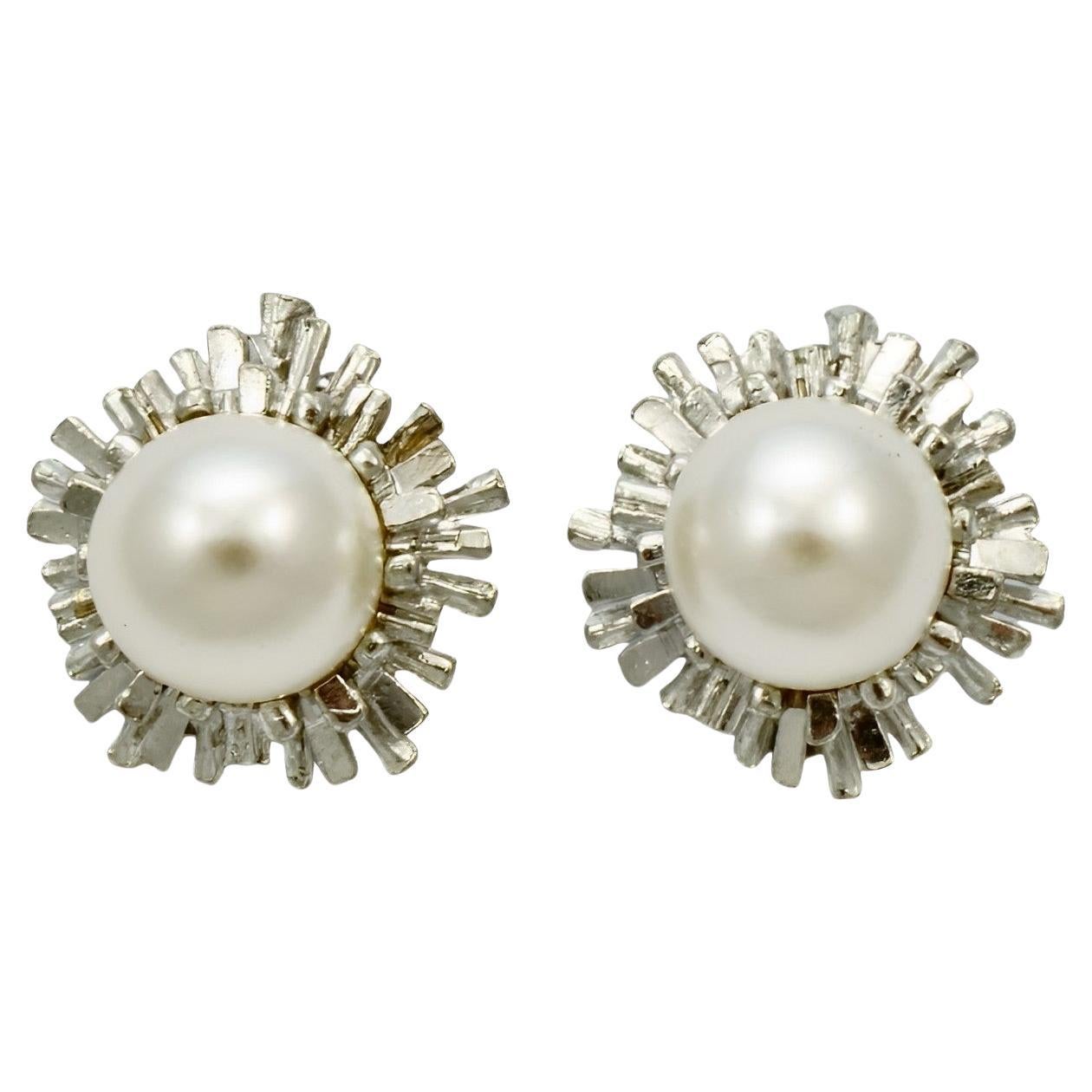 Silver Plated and White Faux Pearl Clip On Earrings circa 1980s For Sale