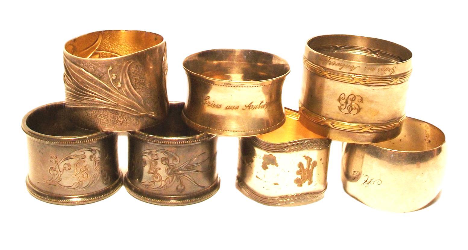 Silver plated Antique Napkin Rings, a Mixed Set of Seven, Various Makers, Europe 2