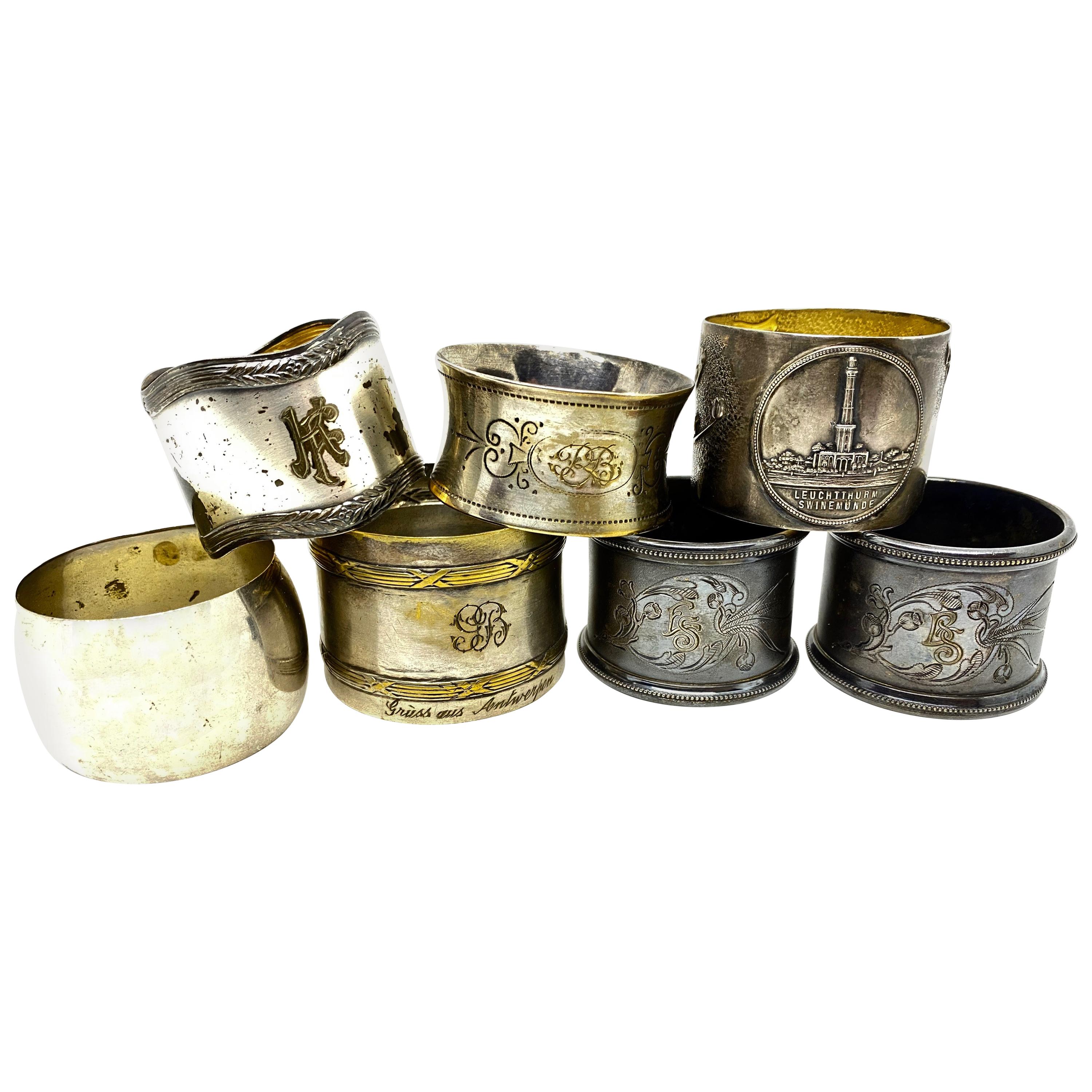 Silver plated Antique Napkin Rings, a Mixed Set of Seven, Various Makers, Europe