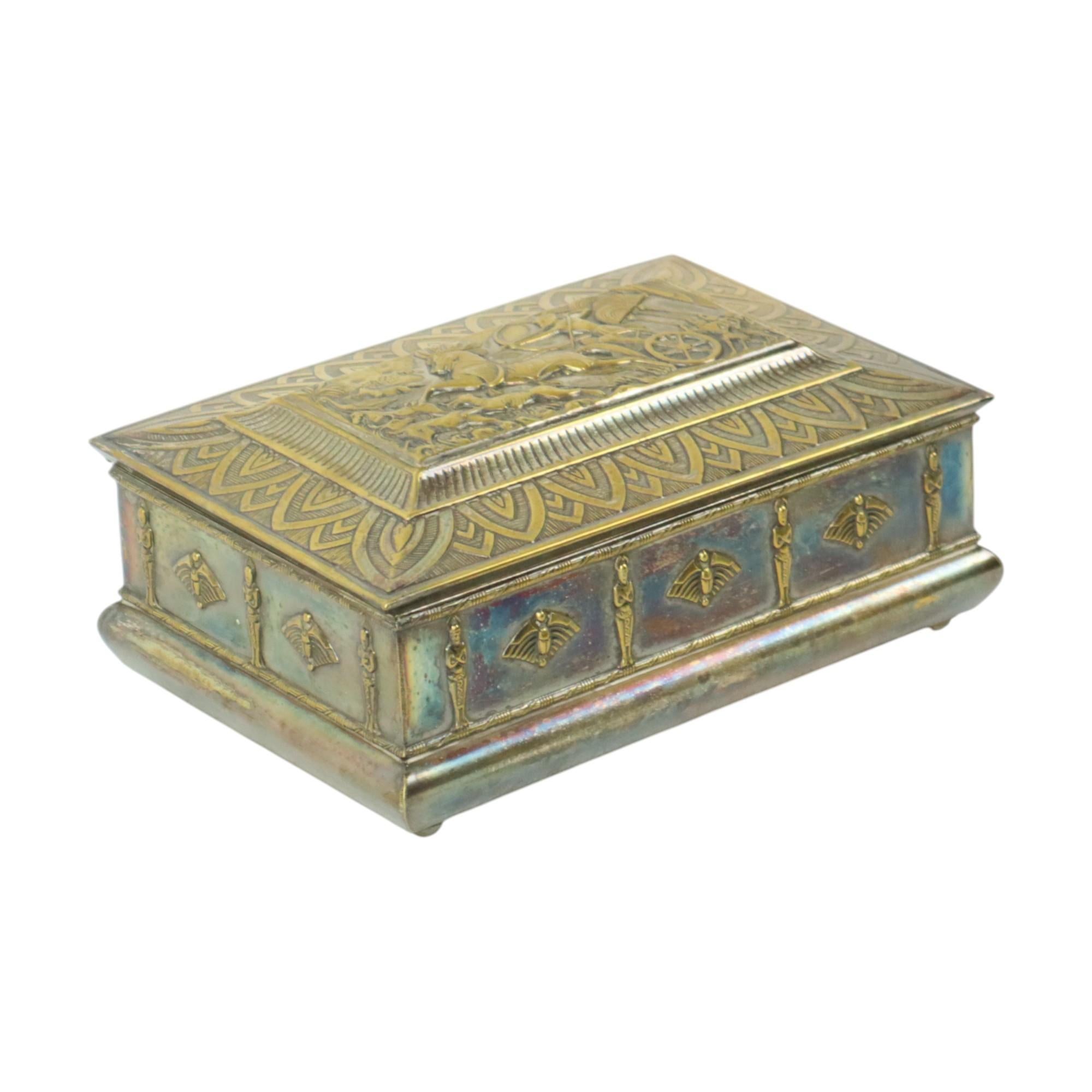 German Silver-plated Art Deco Trinket Box with Egyptian Motifs For Sale