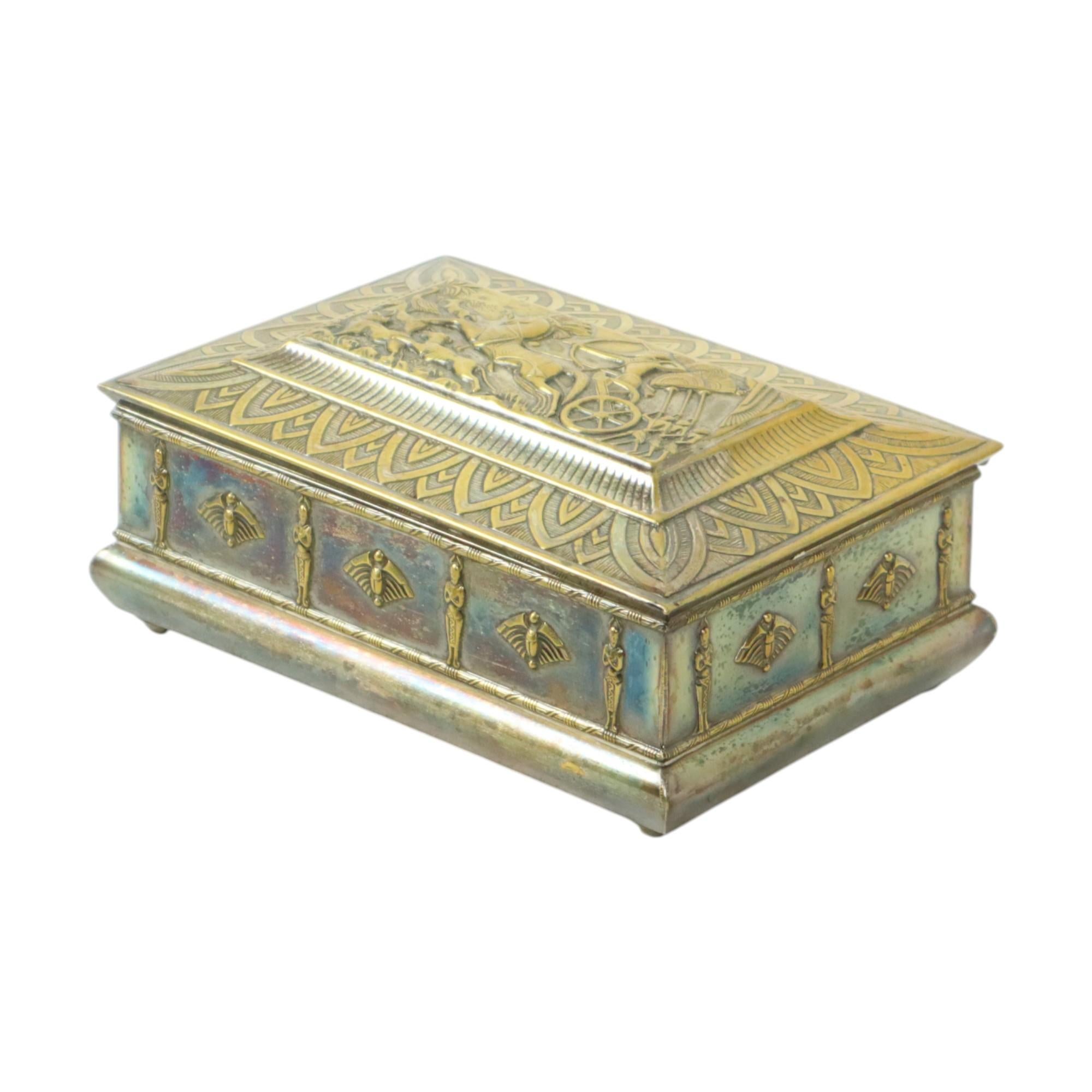 Silvered Silver-plated Art Deco Trinket Box with Egyptian Motifs For Sale