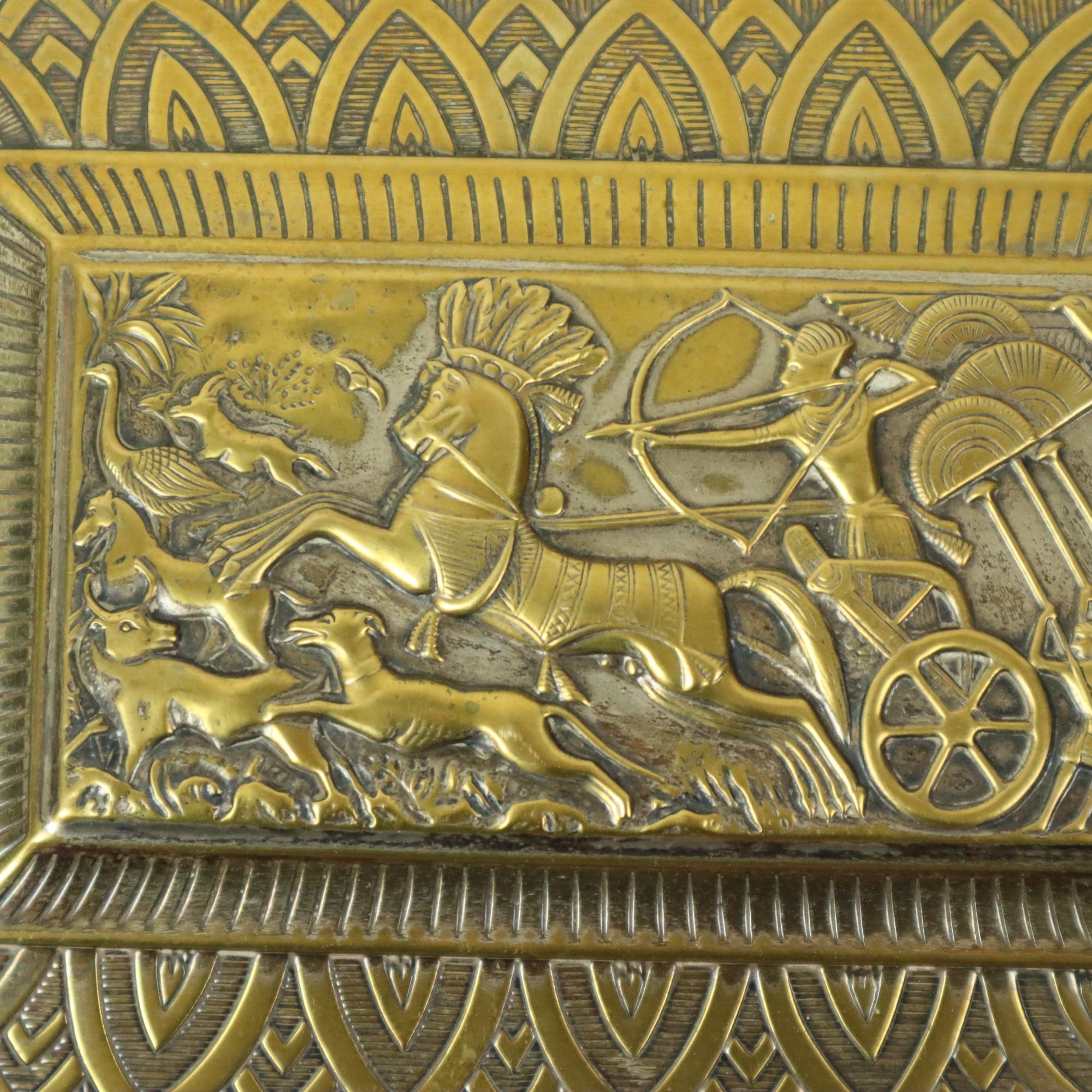 Brass Silver-plated Art Deco Trinket Box with Egyptian Motifs For Sale