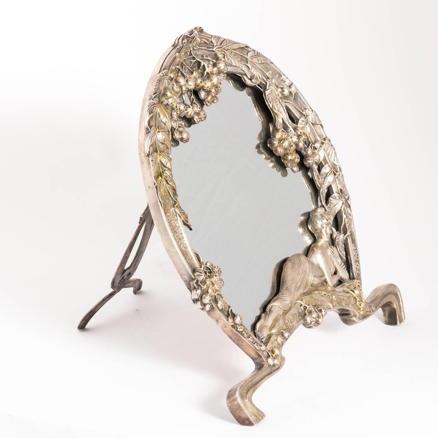 Silver Plated Art Nouveau Figural Woman Mirror 6