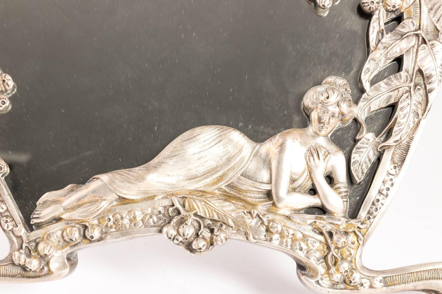20th Century Silver Plated Art Nouveau Figural Woman Mirror