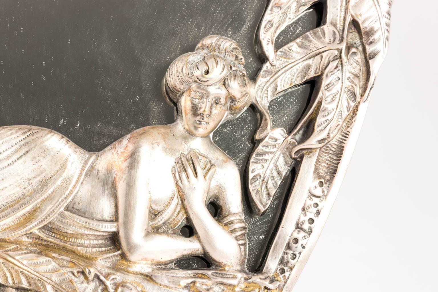 Silver Plated Art Nouveau Figural Woman Mirror 1
