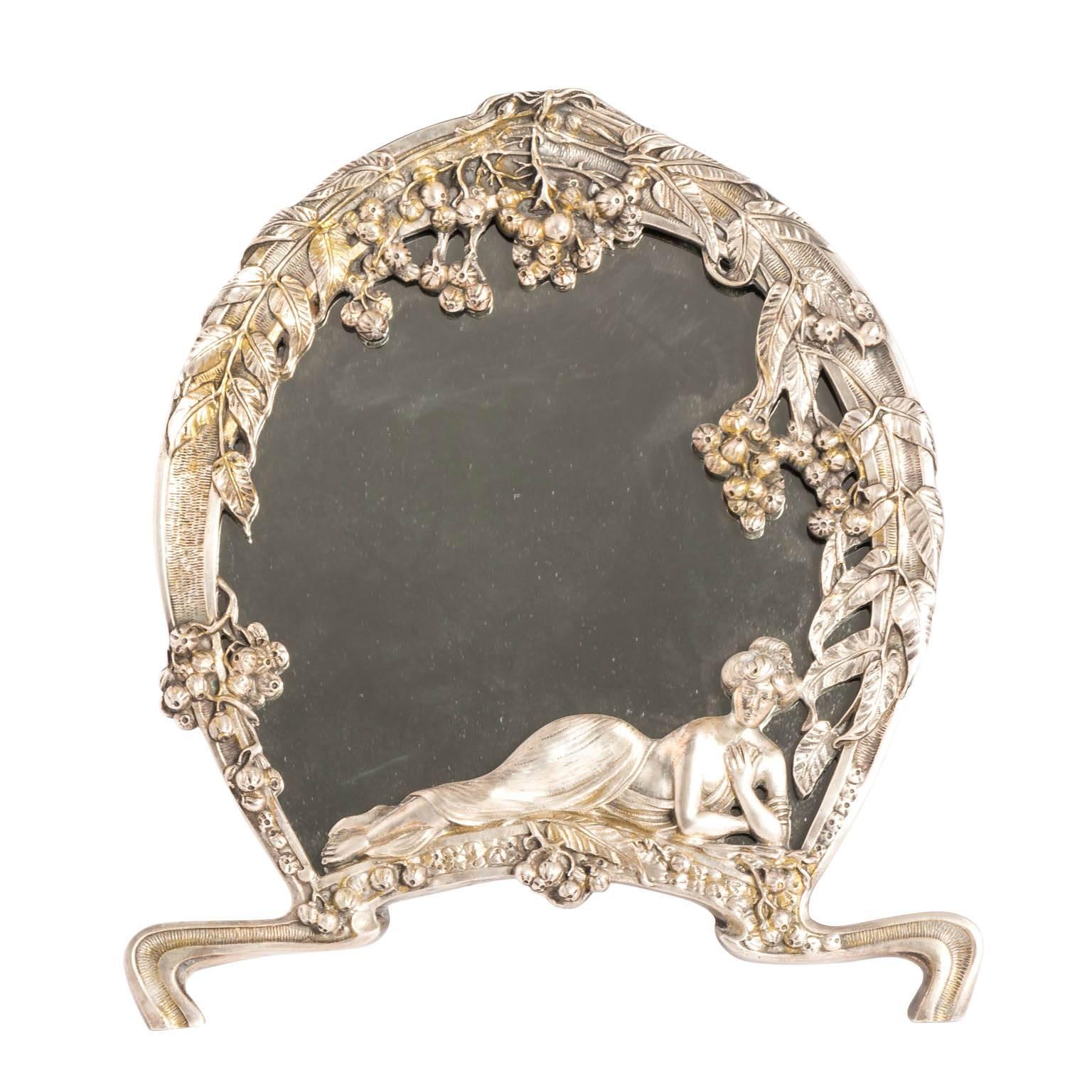 Silver Plated Art Nouveau Figural Woman Mirror