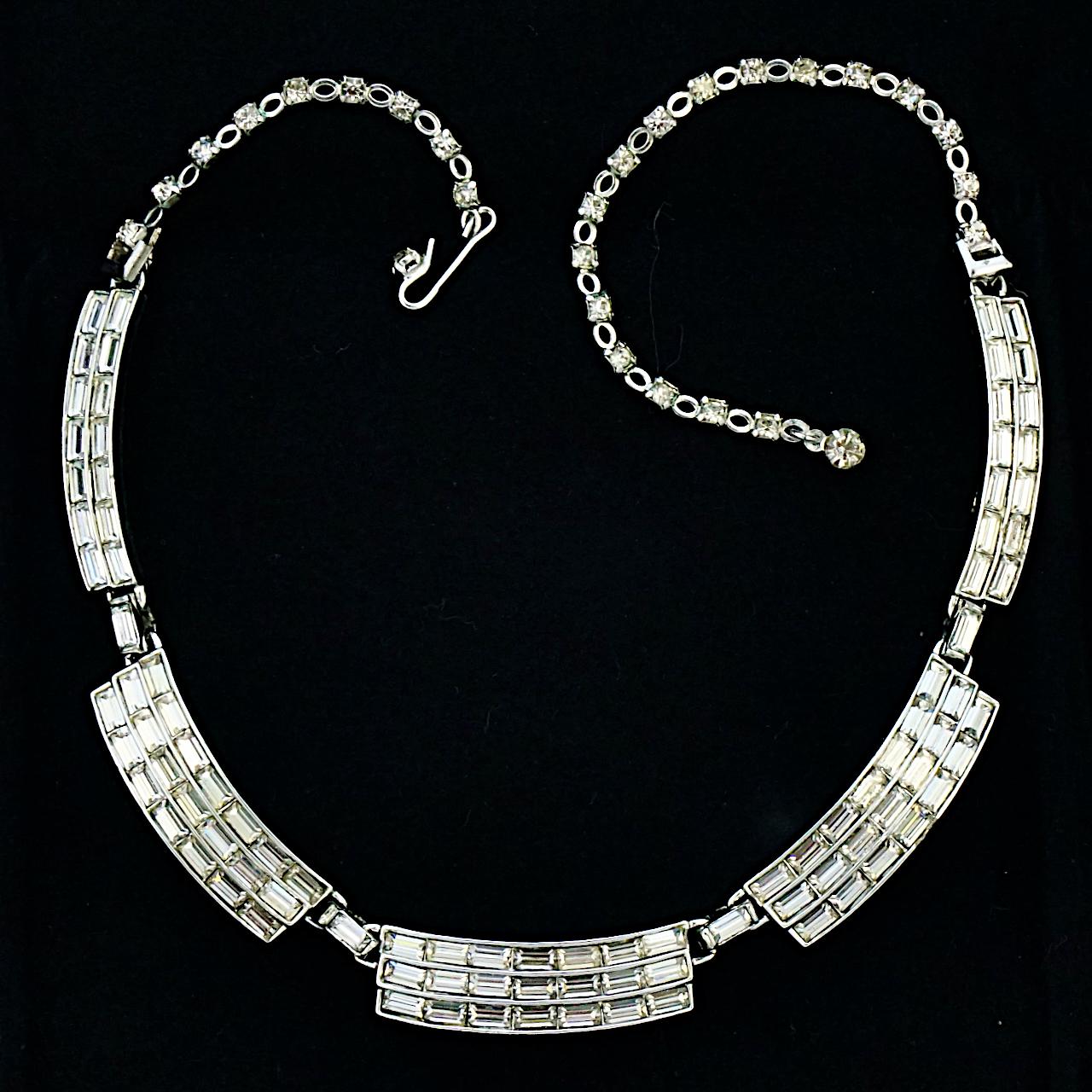 Silver Plated Bar Link Rhinestone Necklace circa 1950s For Sale 6