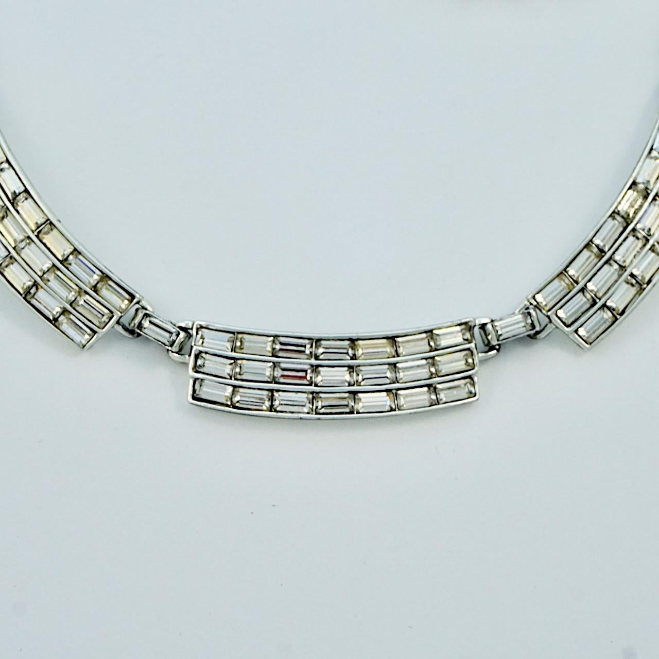 Silver Plated Bar Link Rhinestone Necklace circa 1950s For Sale 1