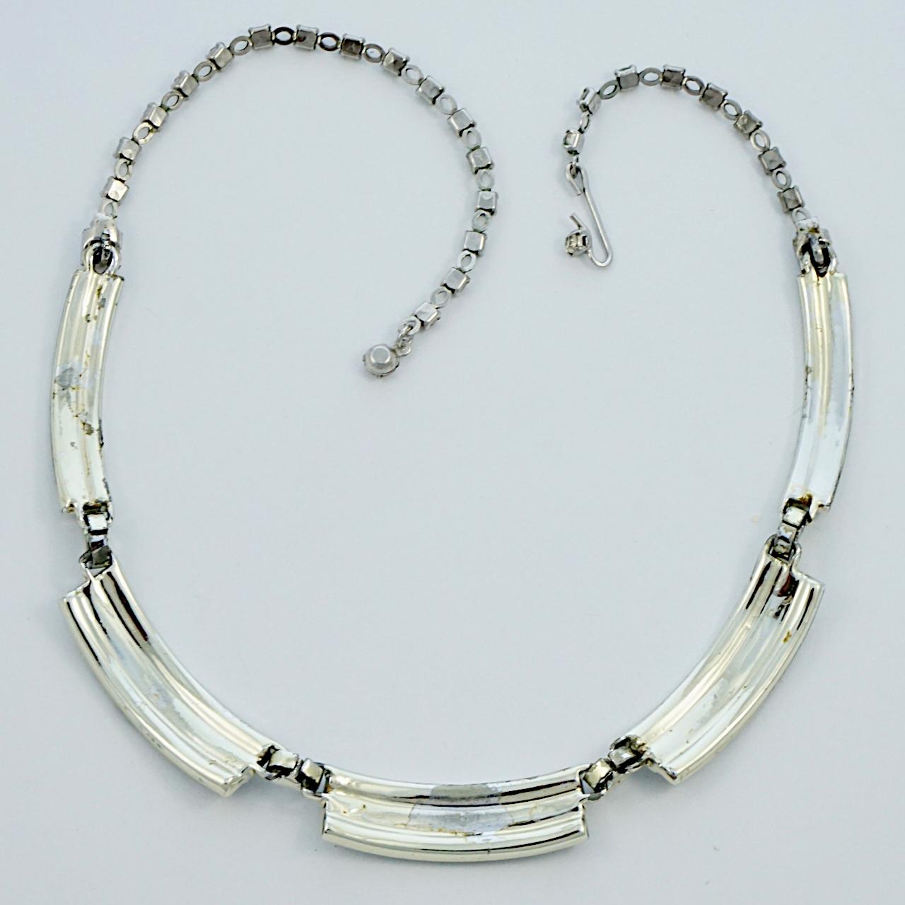 Silver Plated Bar Link Rhinestone Necklace circa 1950s For Sale 3