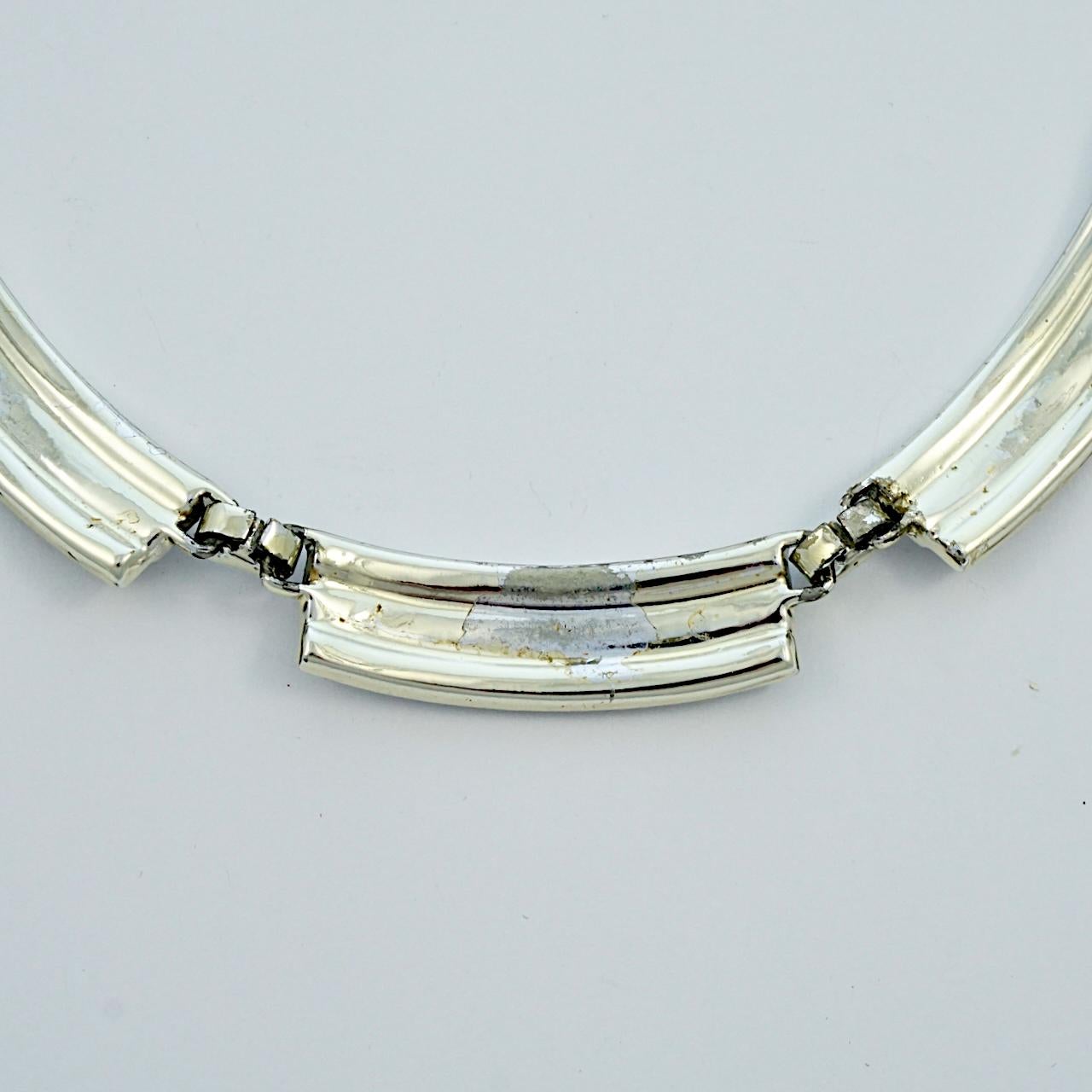 Silver Plated Bar Link Rhinestone Necklace circa 1950s For Sale 4
