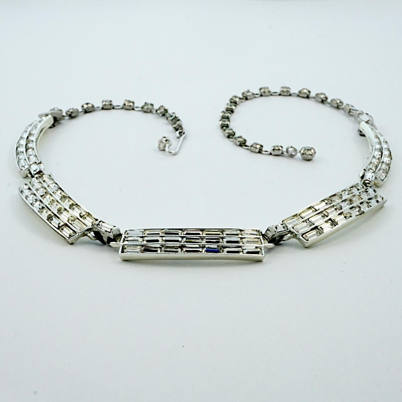 Silver Plated Bar Link Rhinestone Necklace circa 1950s For Sale 5