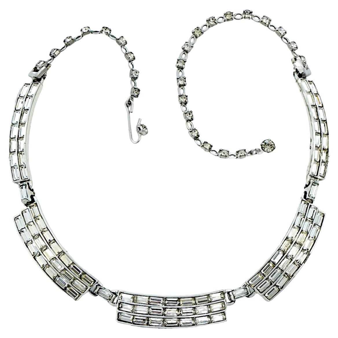 Silver Plated Bar Link Rhinestone Necklace circa 1950s For Sale