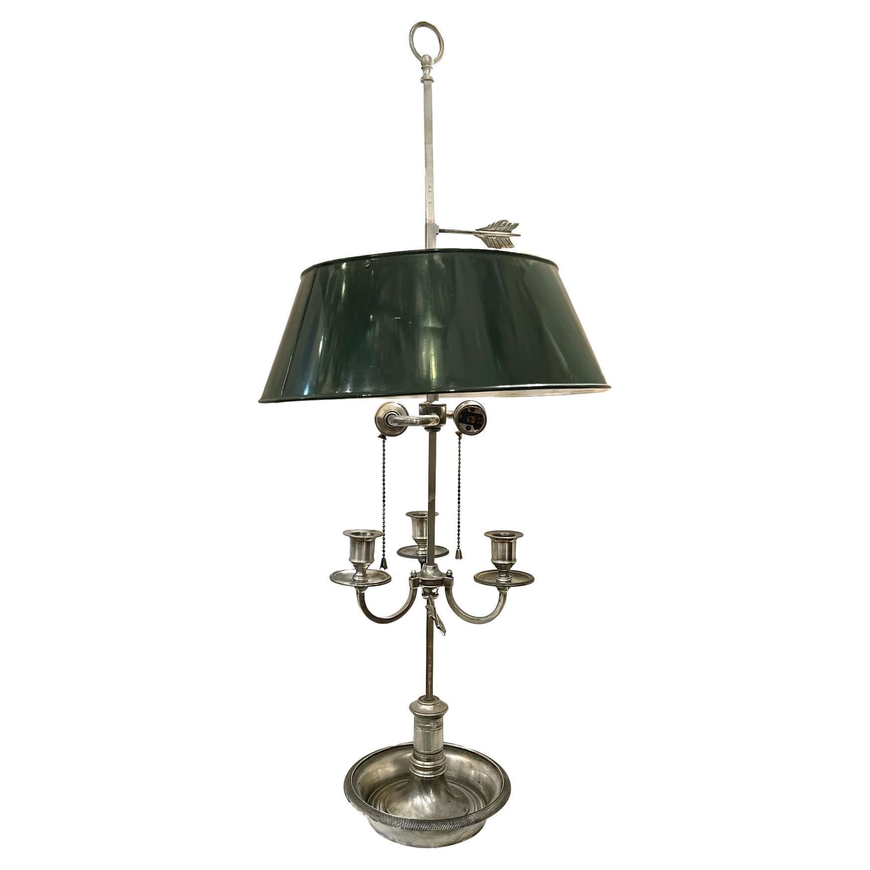 Silver Plated Bouillotte Lamp with Tole Shade For Sale