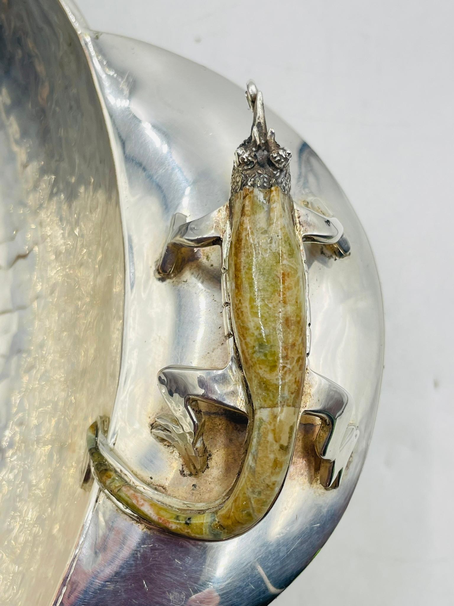 Silver Plated Bowl with Stone-Inlaid Lizard Handles by Wolmar Castillo For Sale 4