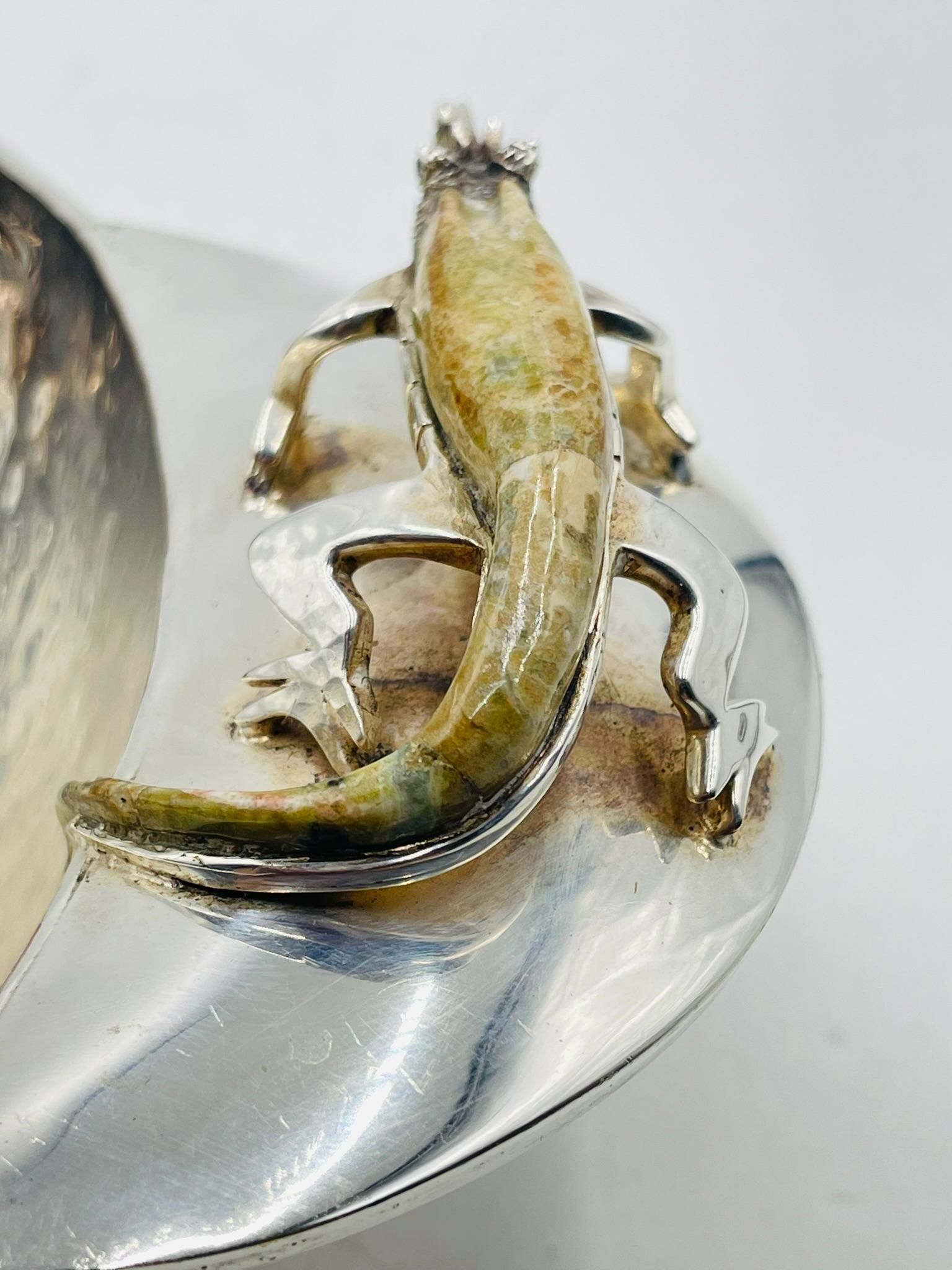Silver Plated Bowl with Stone-Inlaid Lizard Handles by Wolmar Castillo For Sale 5