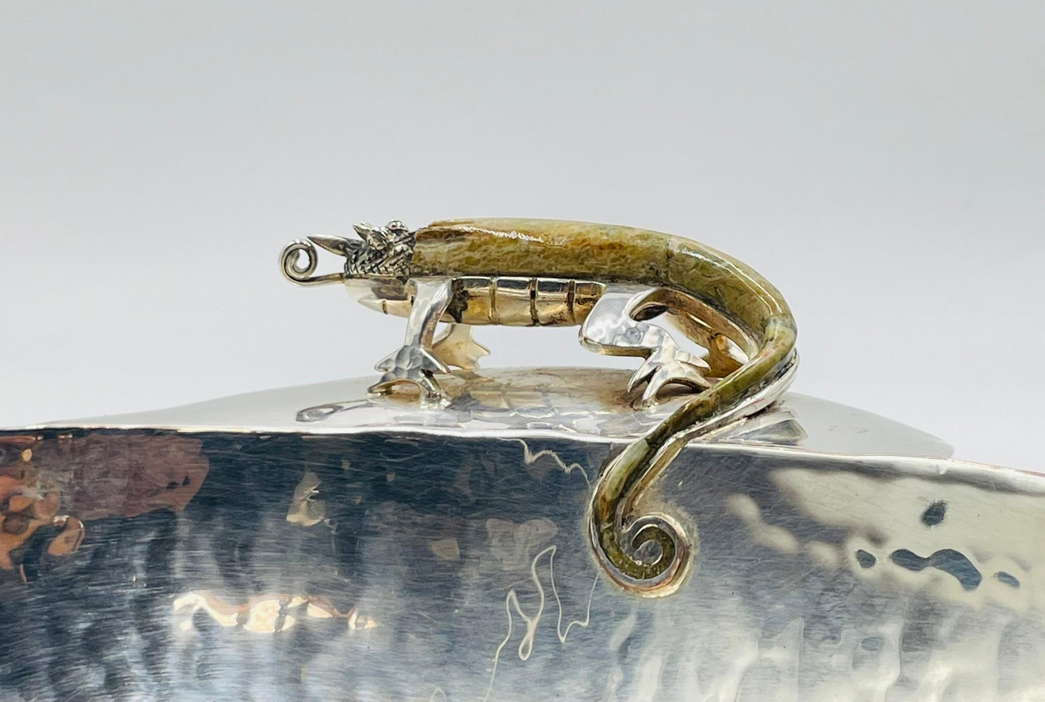 Silver Plated Bowl with Stone-Inlaid Lizard Handles by Wolmar Castillo For Sale 6