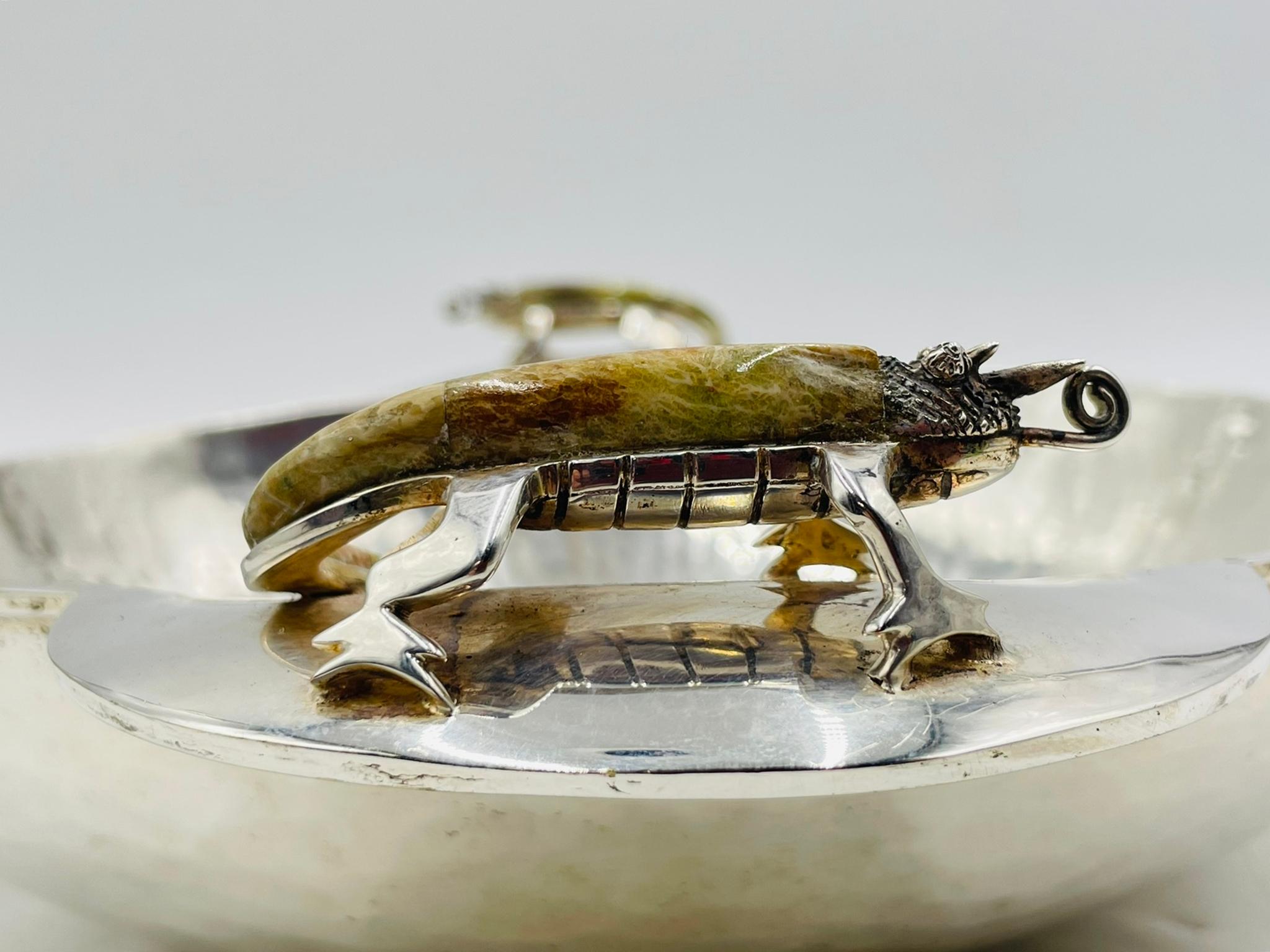 Silver Plated Bowl with Stone-Inlaid Lizard Handles by Wolmar Castillo For Sale 8