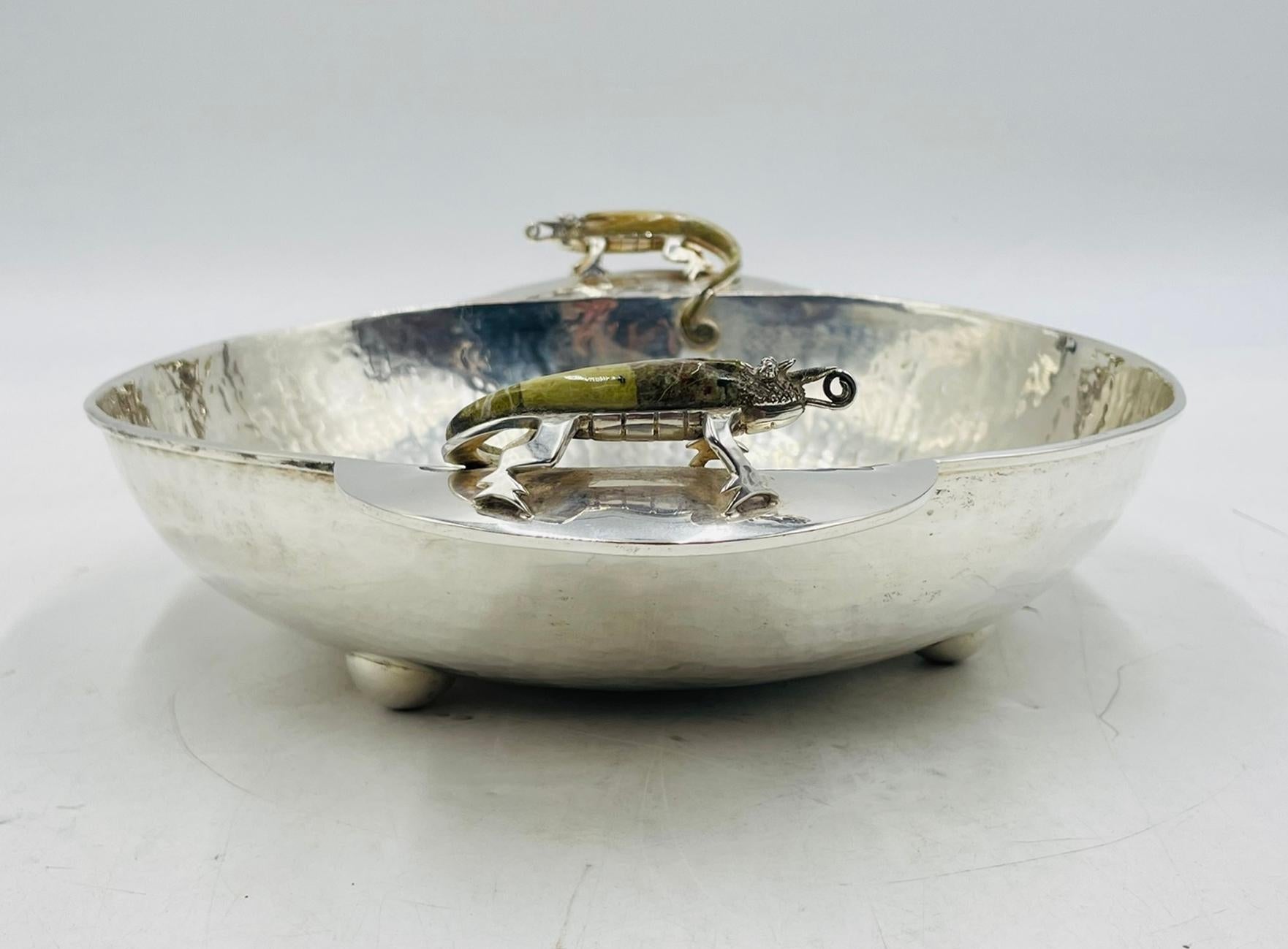 Mid-Century Modern Silver Plated Bowl with Stone-Inlaid Lizard Handles by Wolmar Castillo For Sale