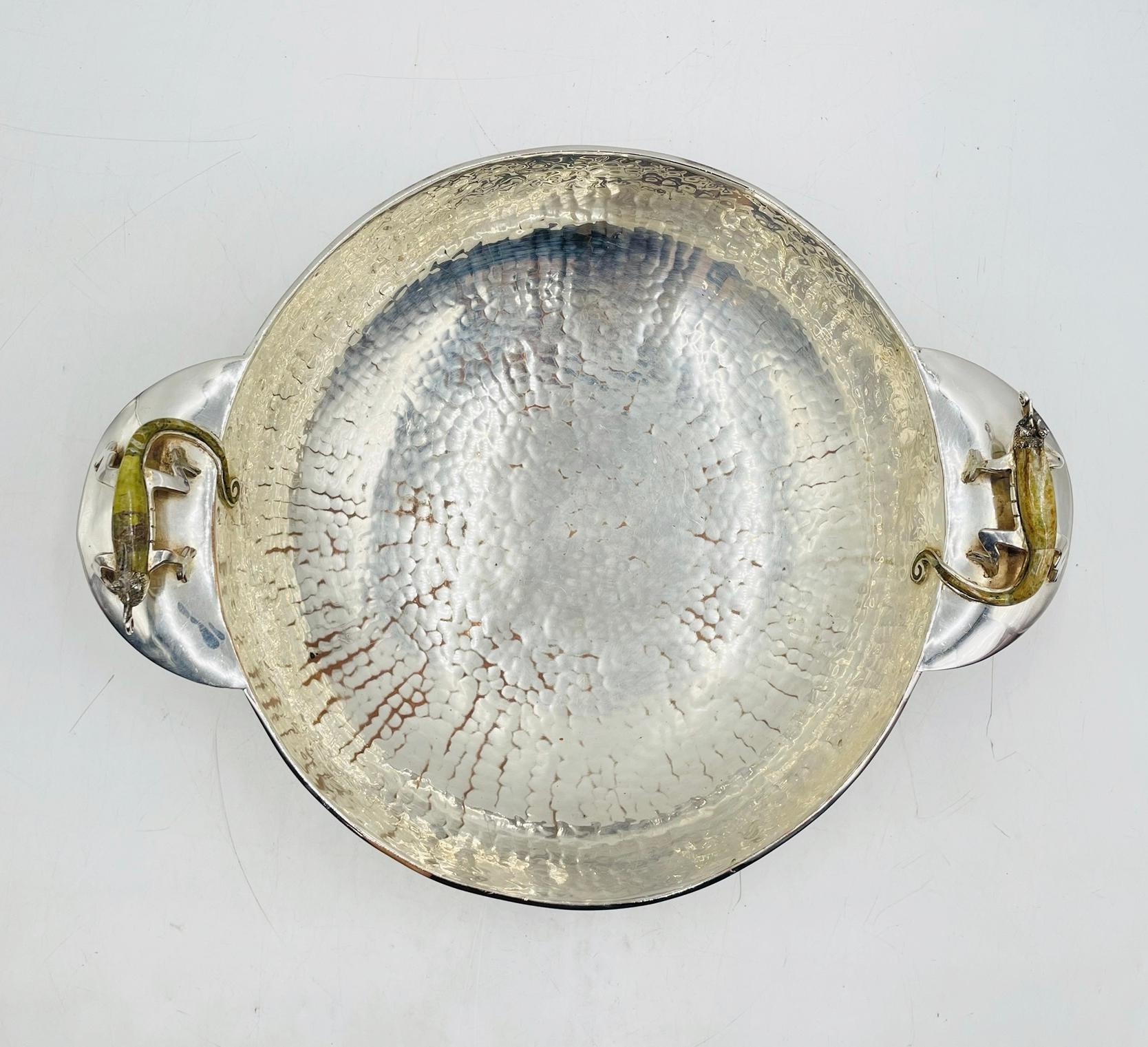 Mexican Silver Plated Bowl with Stone-Inlaid Lizard Handles by Wolmar Castillo For Sale