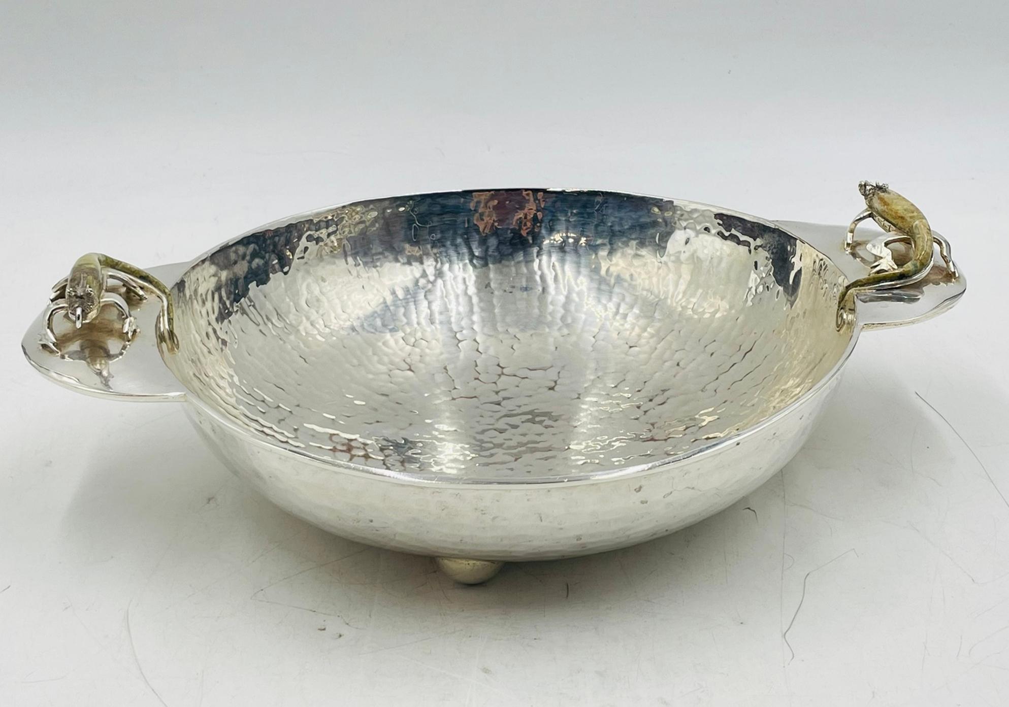 Hand-Crafted Silver Plated Bowl with Stone-Inlaid Lizard Handles by Wolmar Castillo For Sale