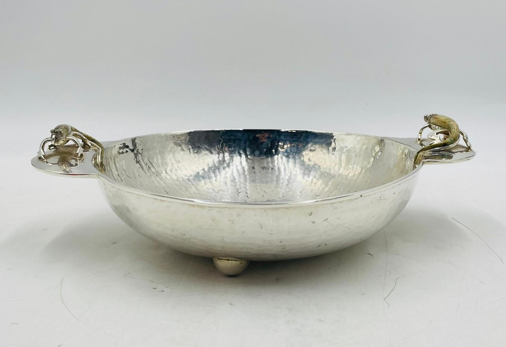 Silver Plated Bowl with Stone-Inlaid Lizard Handles by Wolmar Castillo In Good Condition For Sale In Los Angeles, CA