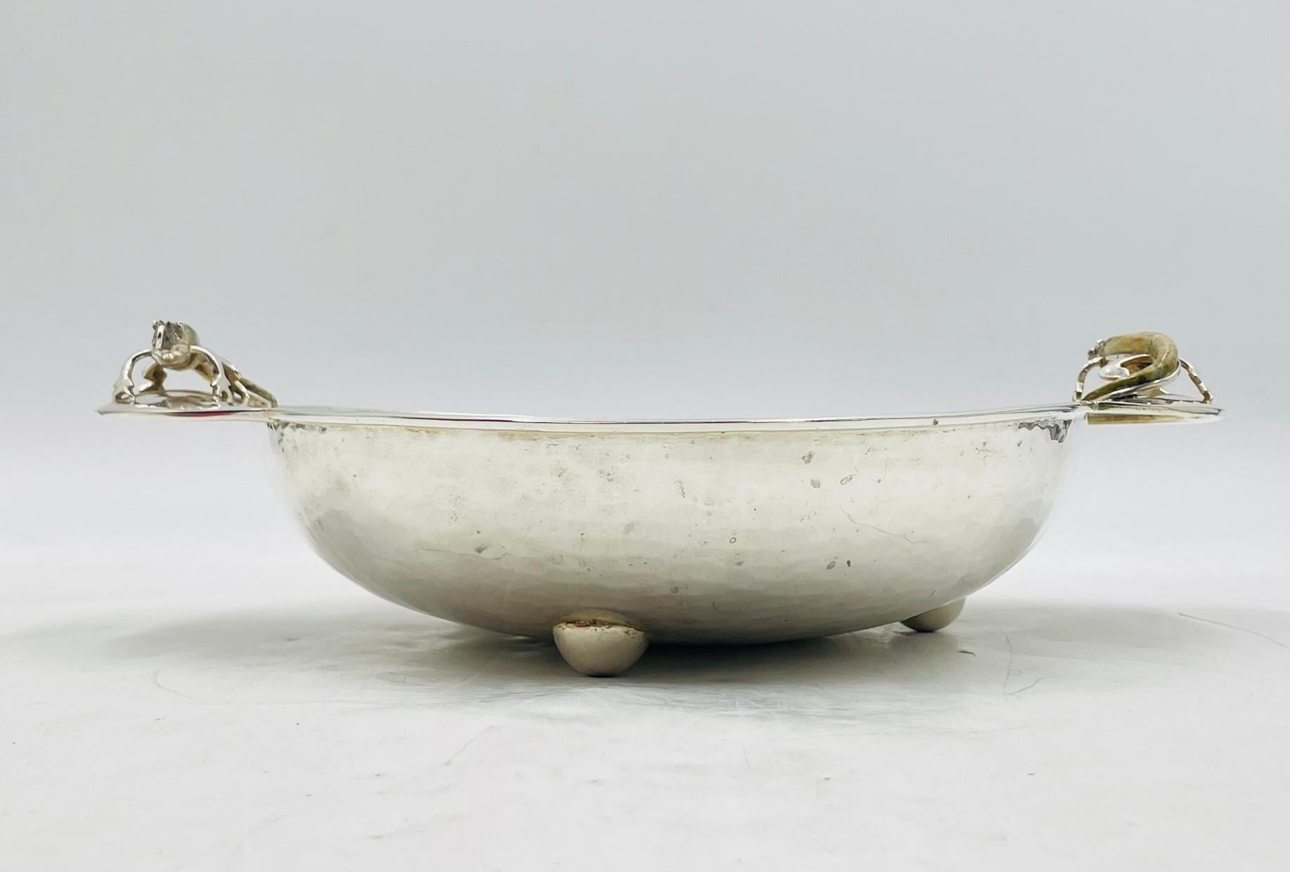 Mid-20th Century Silver Plated Bowl with Stone-Inlaid Lizard Handles by Wolmar Castillo For Sale