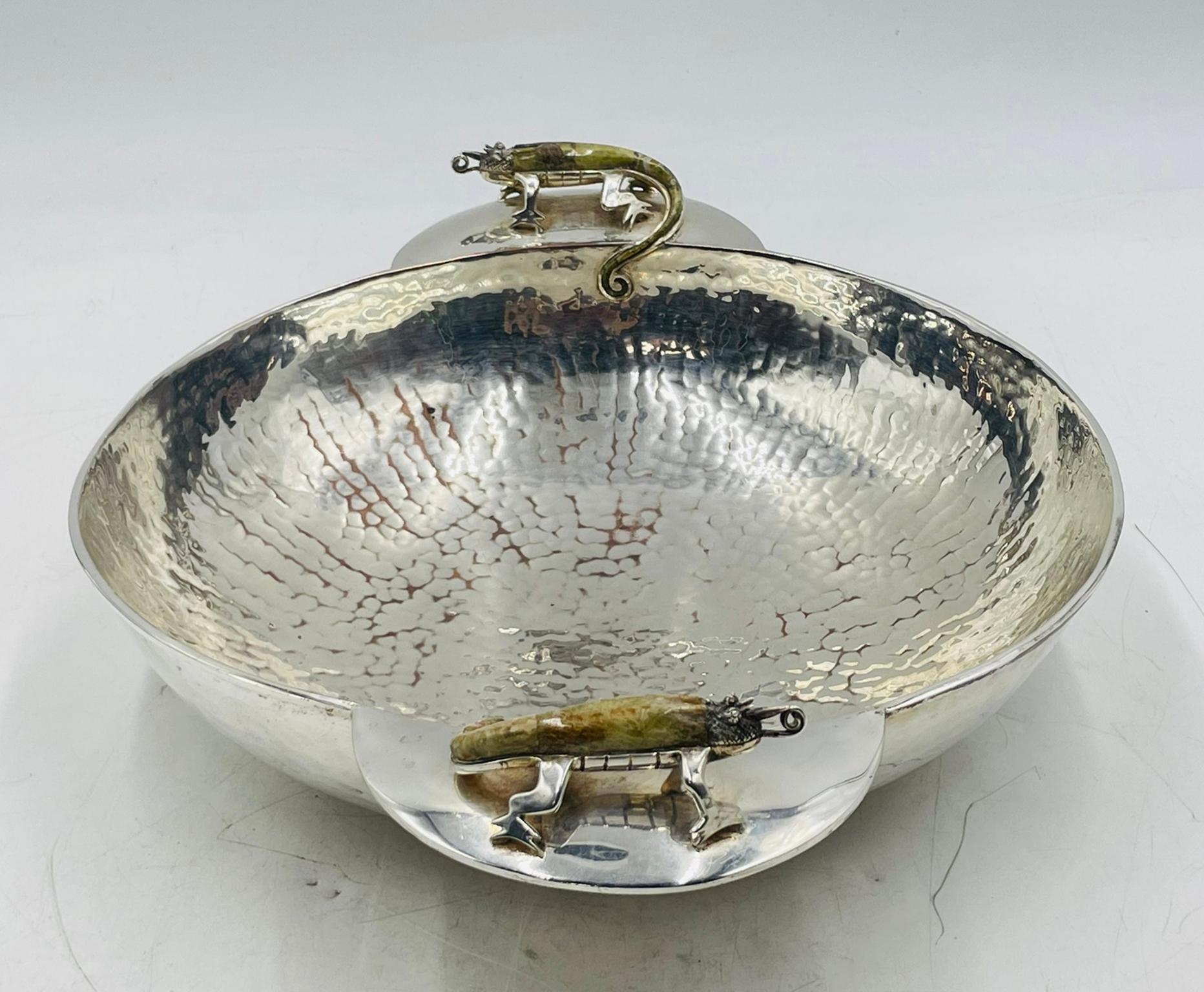 Silver Plated Bowl with Stone-Inlaid Lizard Handles by Wolmar Castillo For Sale 1