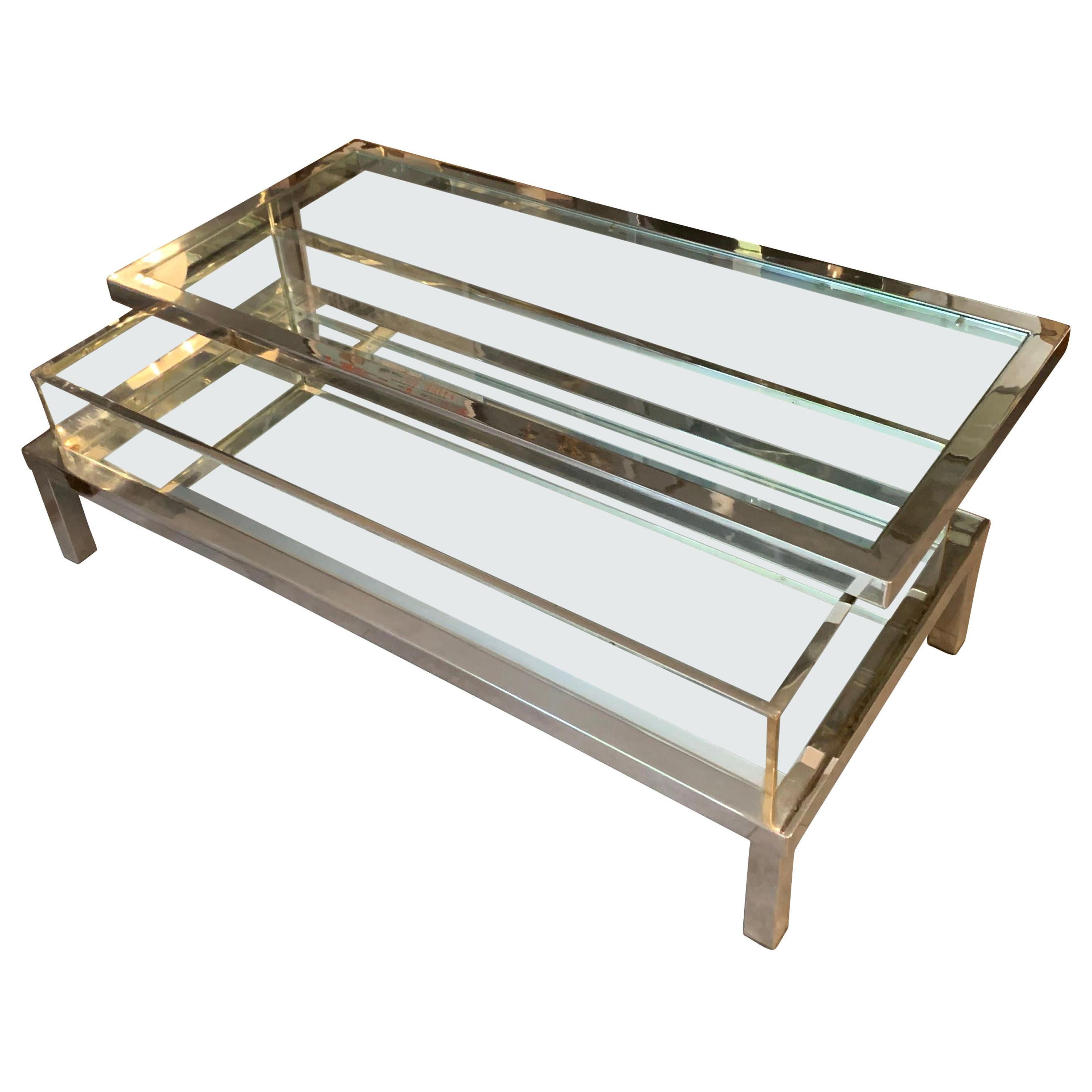Silver Plated Brass and Glass Vitrine Coffee Table, France, Midcentury