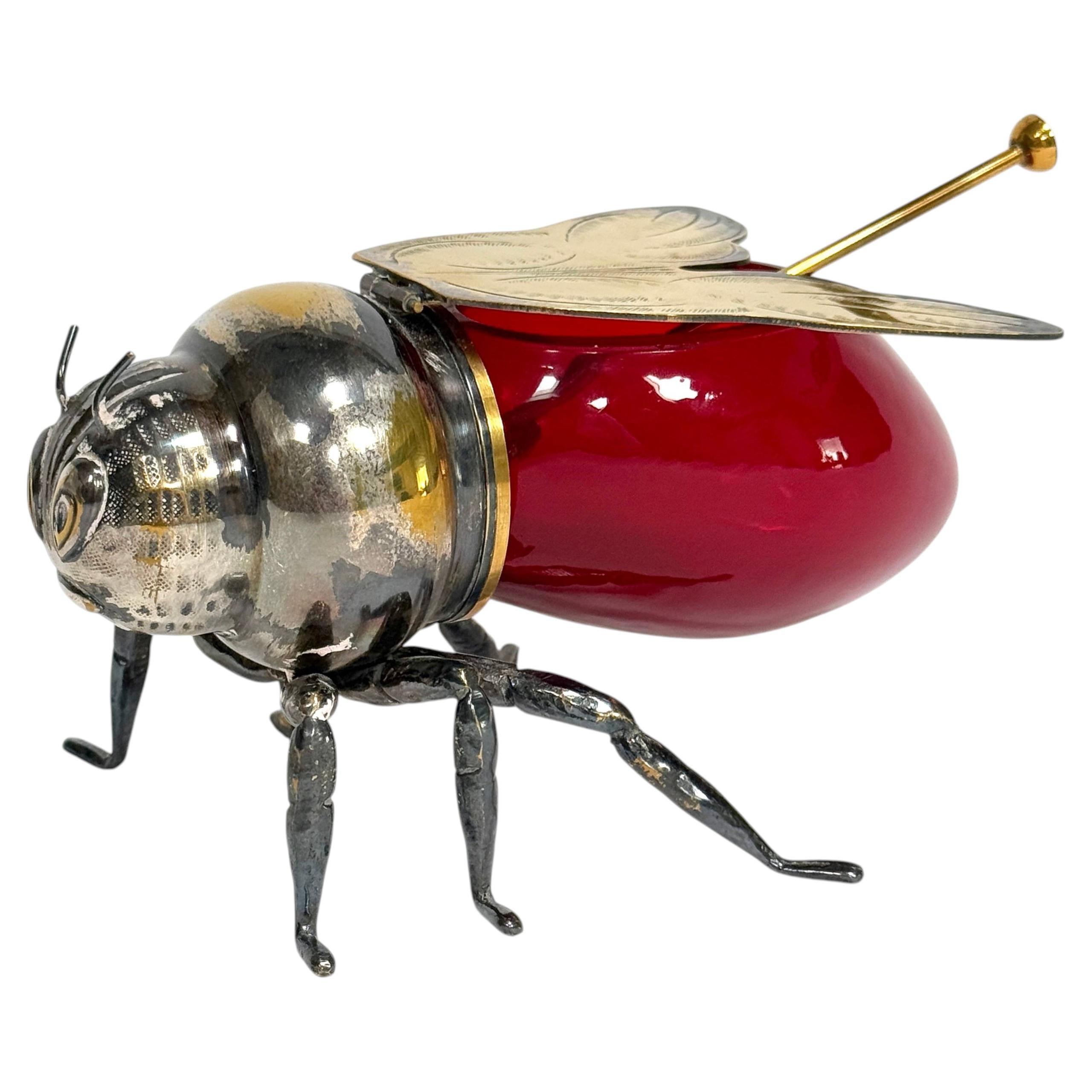 Pot à miel Abeille avec cuillère en laiton plaqué argent et verre rubis