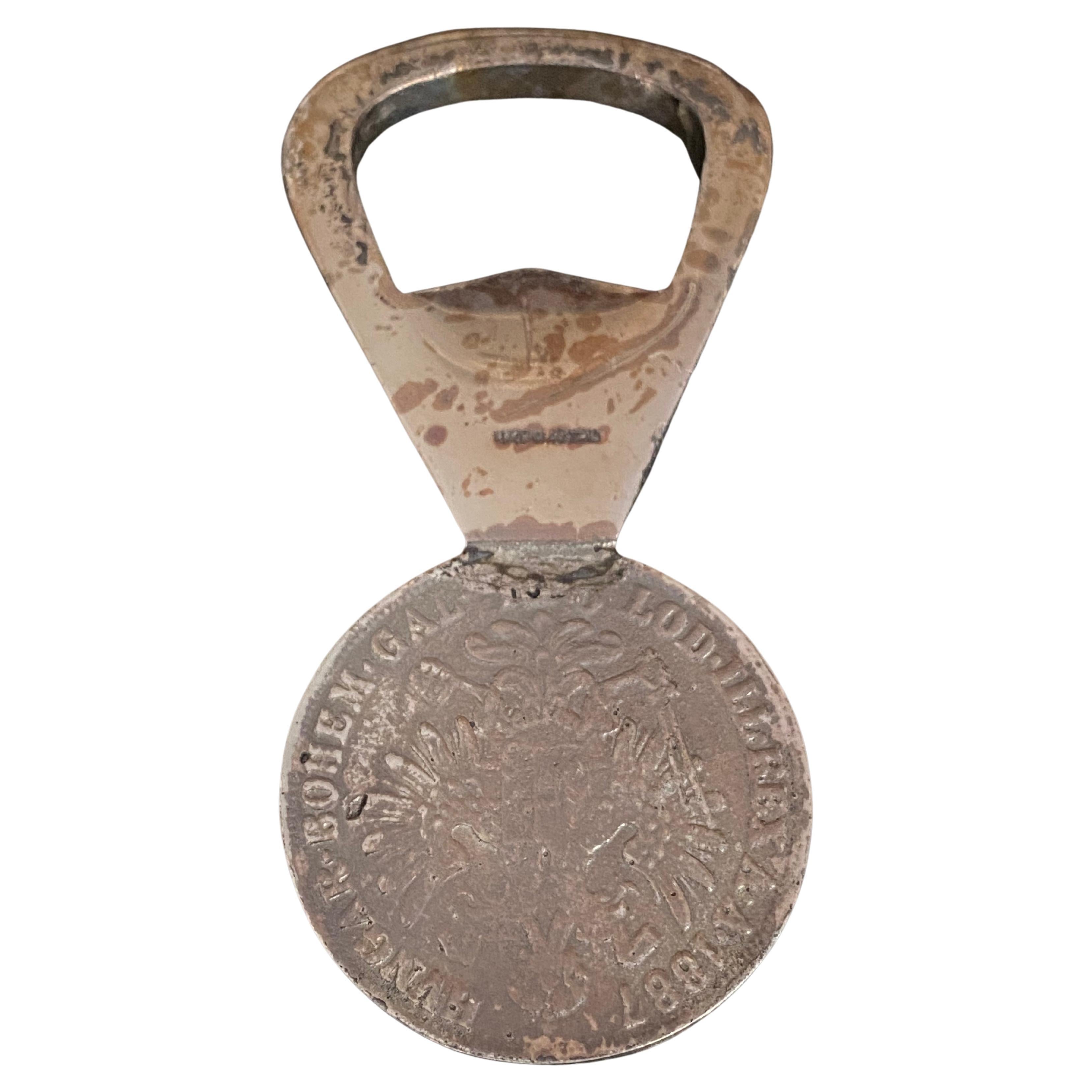 Silver Plated Brass Coin Bottle Opener by Carl Aubock, circa 1950 For Sale
