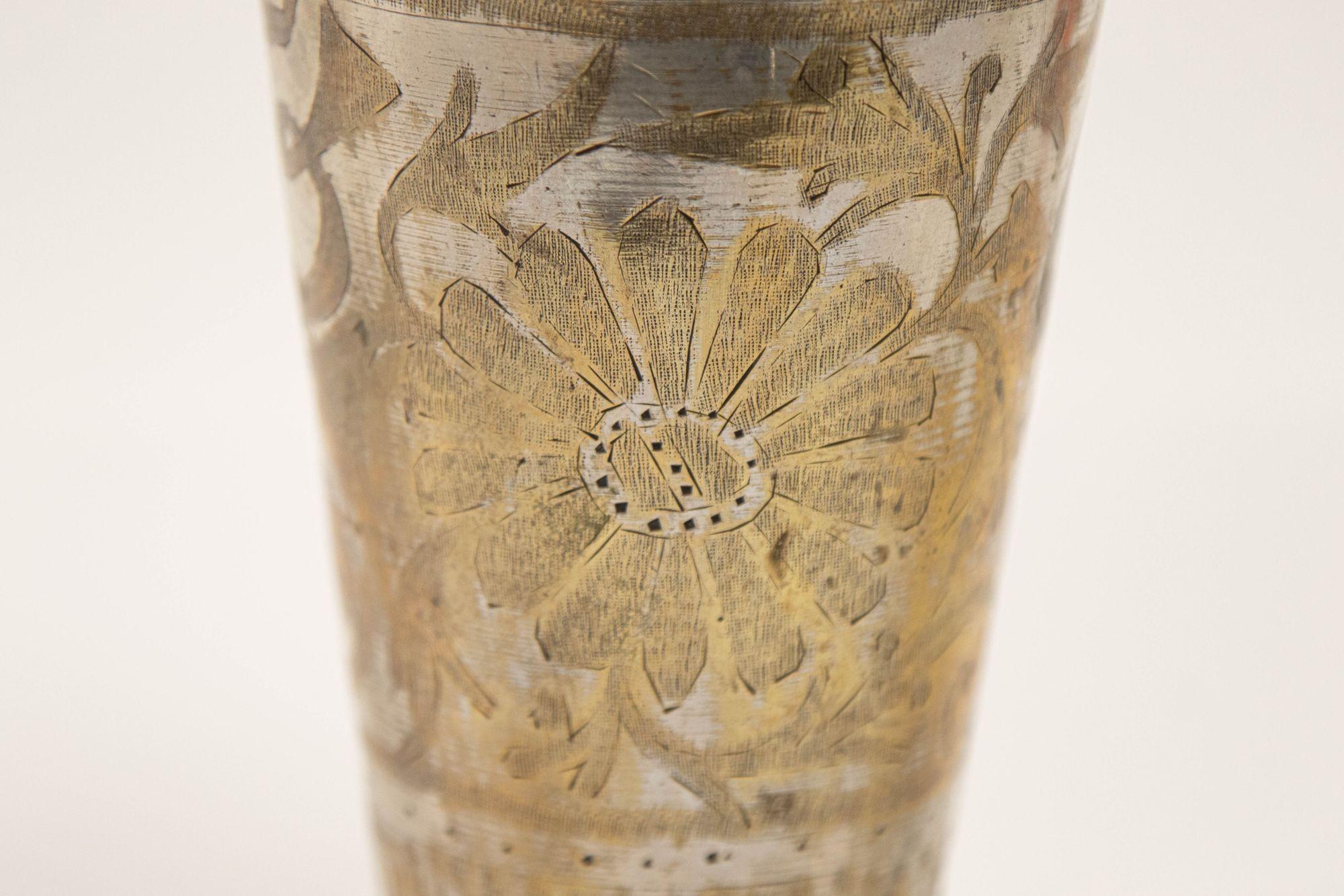 Silver Plated Brass Engraved Beaker or Vase from India For Sale 9