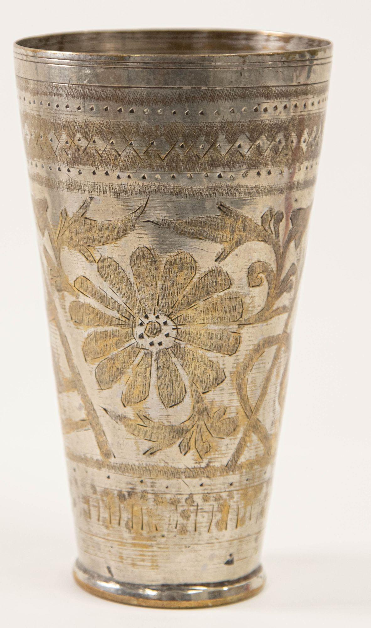 Silver Plated Brass Engraved Beaker or Vase from India For Sale 12
