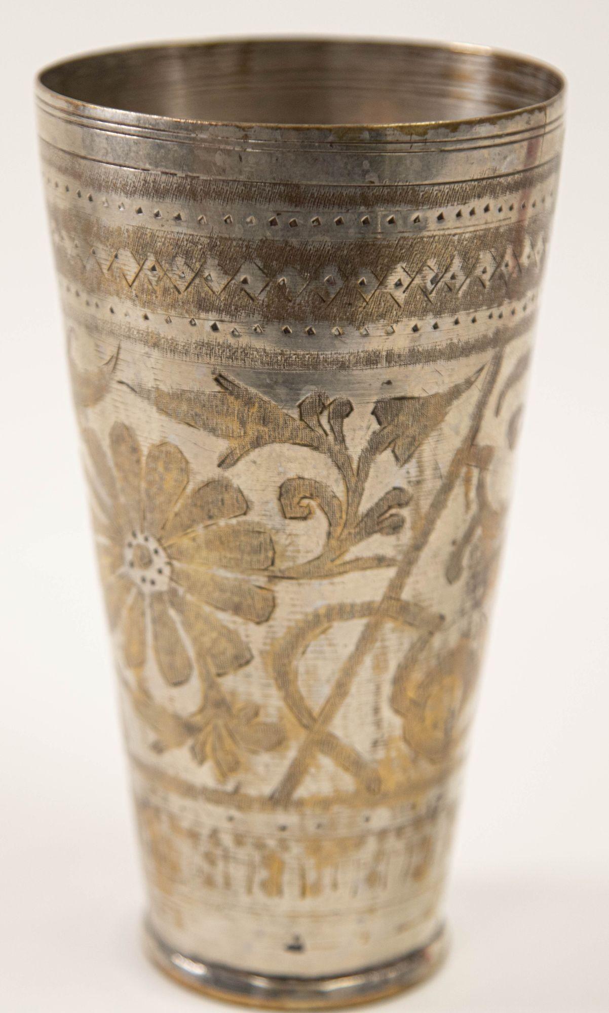Silver Plated Brass Engraved Beaker or Vase from India For Sale 5