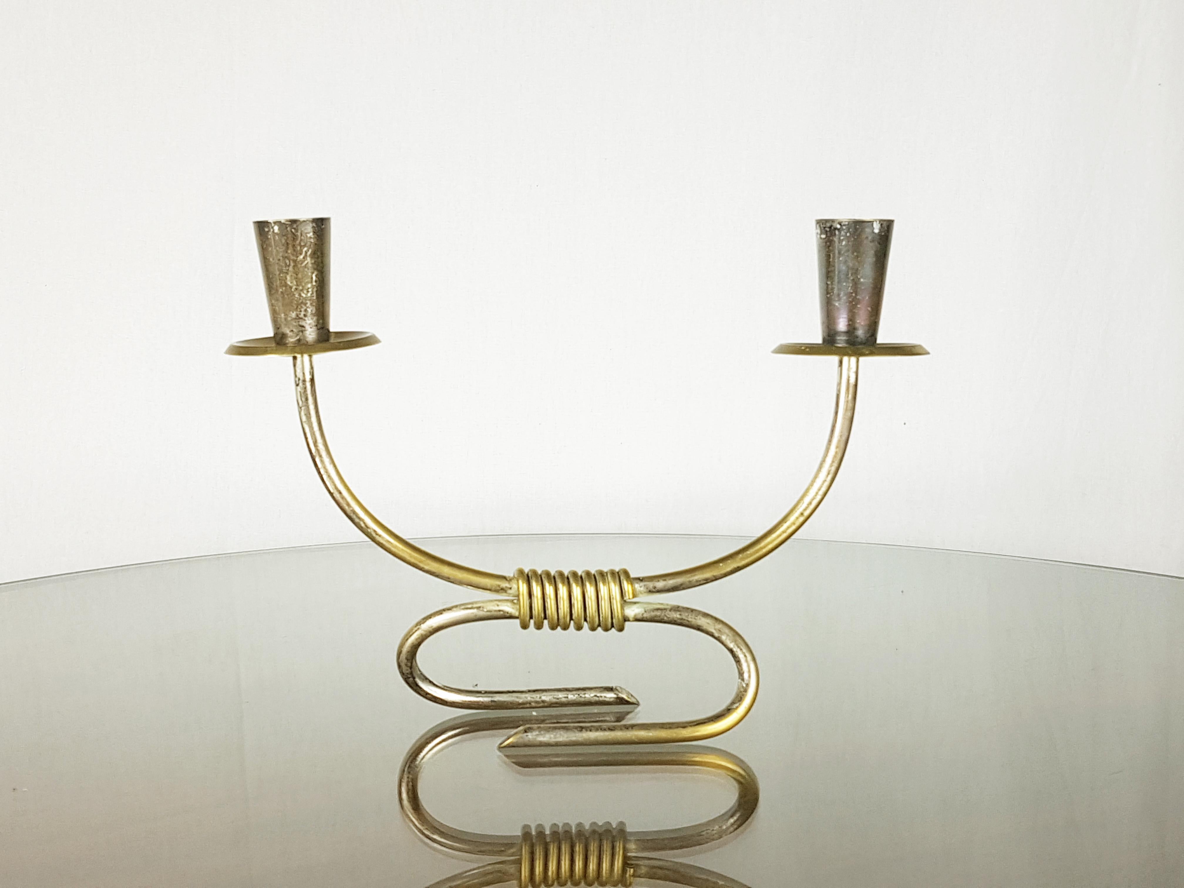 Mid-20th Century Silver Plated Brass Mid-Century Modern Candleholders by Aldo Tura for Macabo For Sale